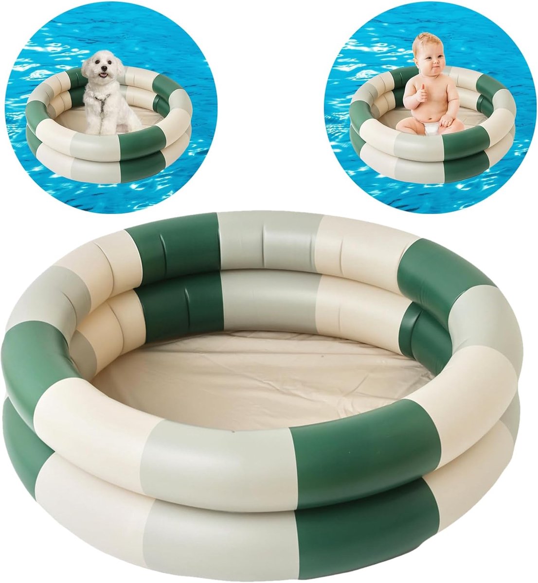 SnelShoppen - Vintage Stripes Kinderzwembad Opblaasbaar Babyzwembad 2 Ringen met Veiligheidsbubbelbodem voor Binnen Buiten Tuin en Achtertuin (Groen)
