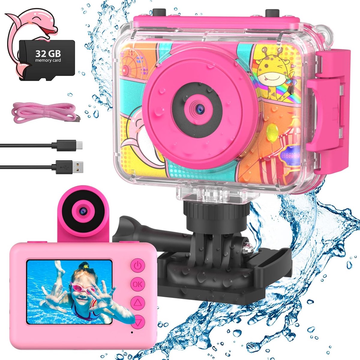 SnelShoppen - CHAKEYAKE Kids Camera 20MP 1080P HD Onderwater Camera voor Kinderen met 180° Flip Lens, 2.0" Scherm en 32GB SD Kaart - Perfect voor Fees