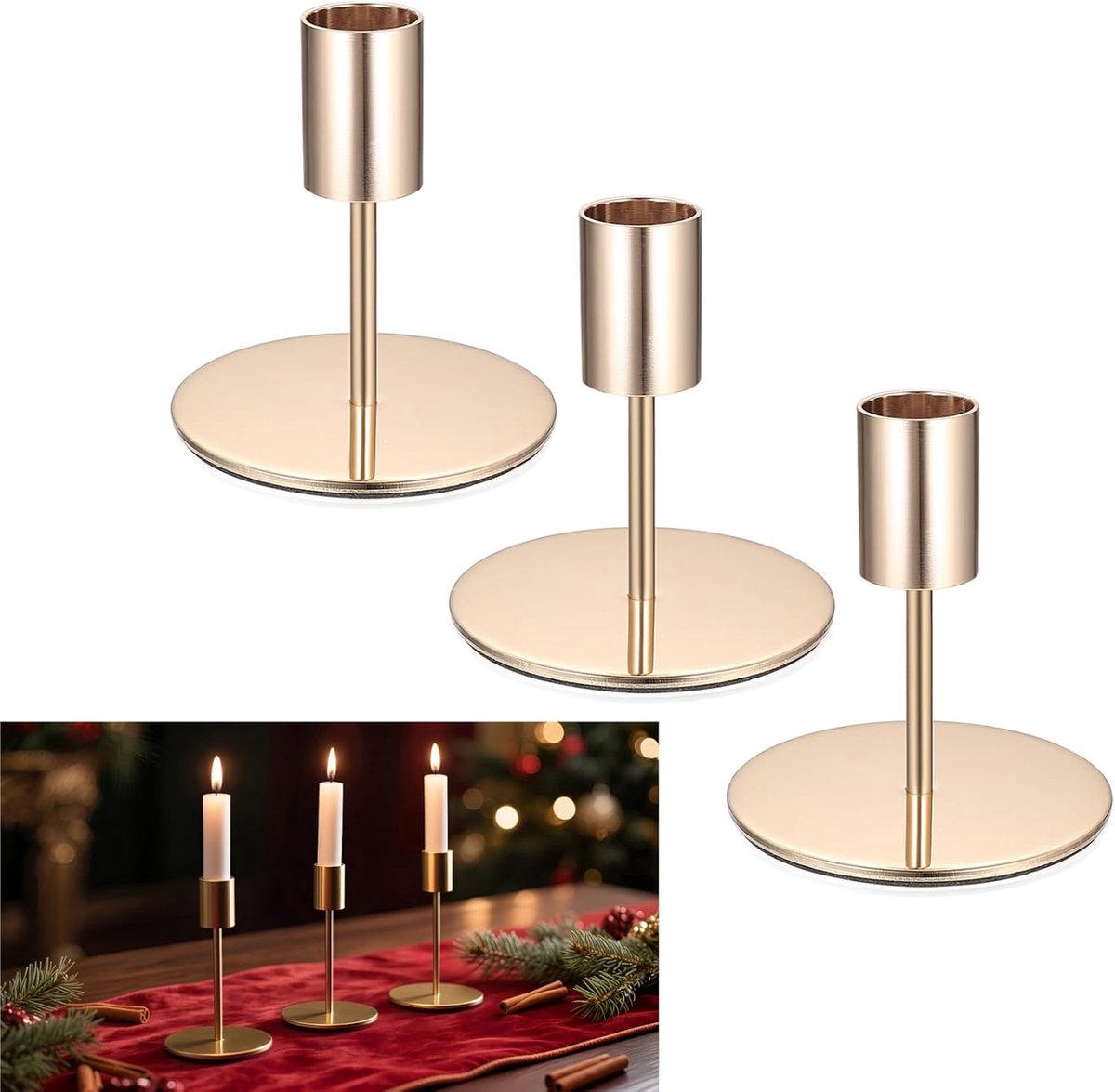 SnelShoppen - Gold Candle Holder 3-delig - Vintage Metalen Kaarsenstandaard voor Conische Kaarsen - 8.5cm - Goudkleurig - Ideaal voor Feesten, Dinners