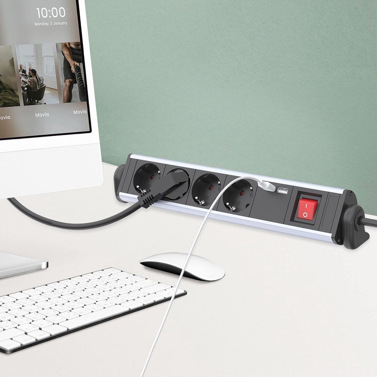 SnelShoppen - Stekkerdoos 4-voudig met Schakelaar, 2 USB Poorten, 3680W, Aluminium Tafelstopcontact, 1,5m Kabel, Zwart, Ideaal voor Woonkamer, Slaapka