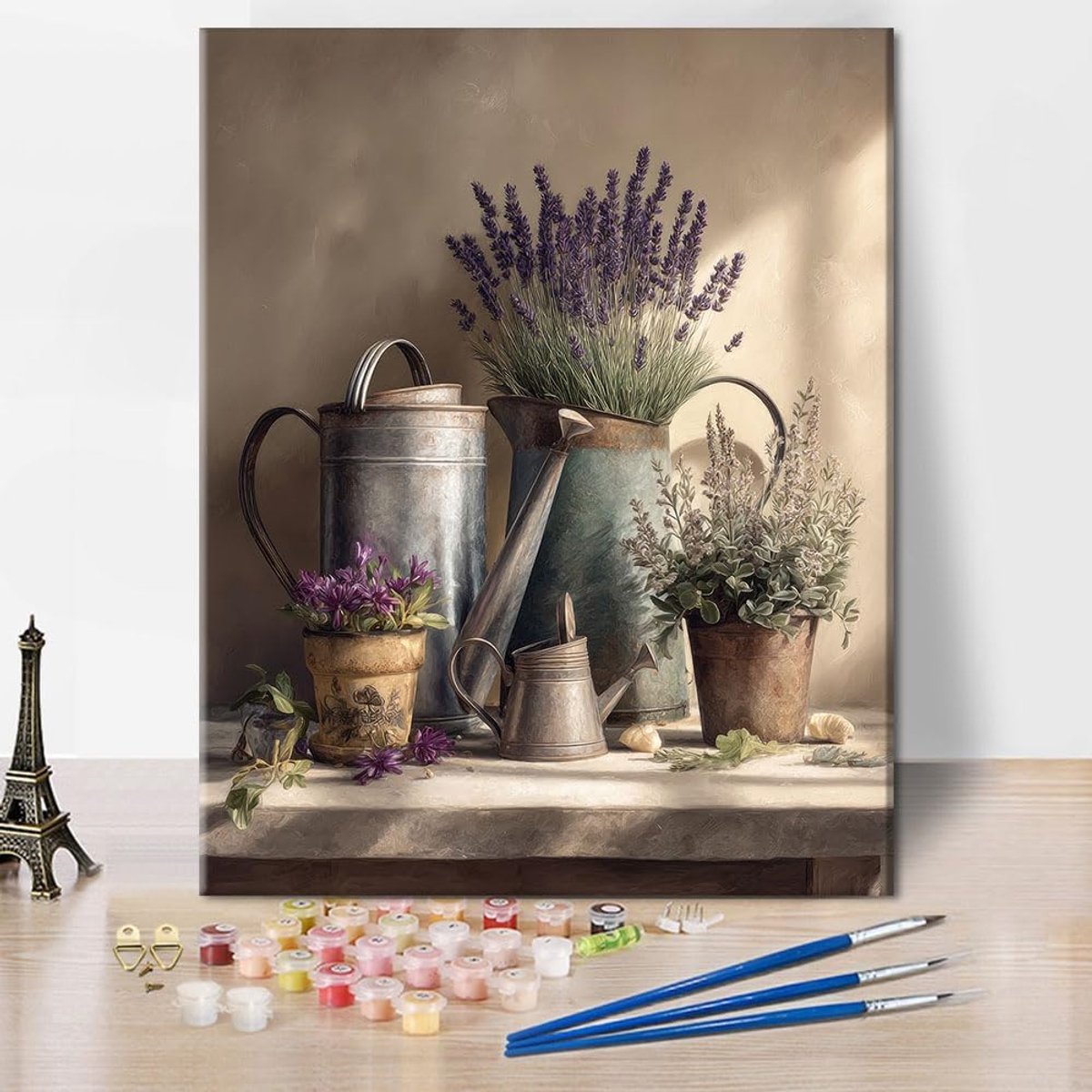 SnelShoppen - Schilderen op Nummer Volwassenen - Bloemen in Blikjes - DIY Olieverf Set voor Woondecoratie op Canvas - Compleet met Penselen - Creatiev