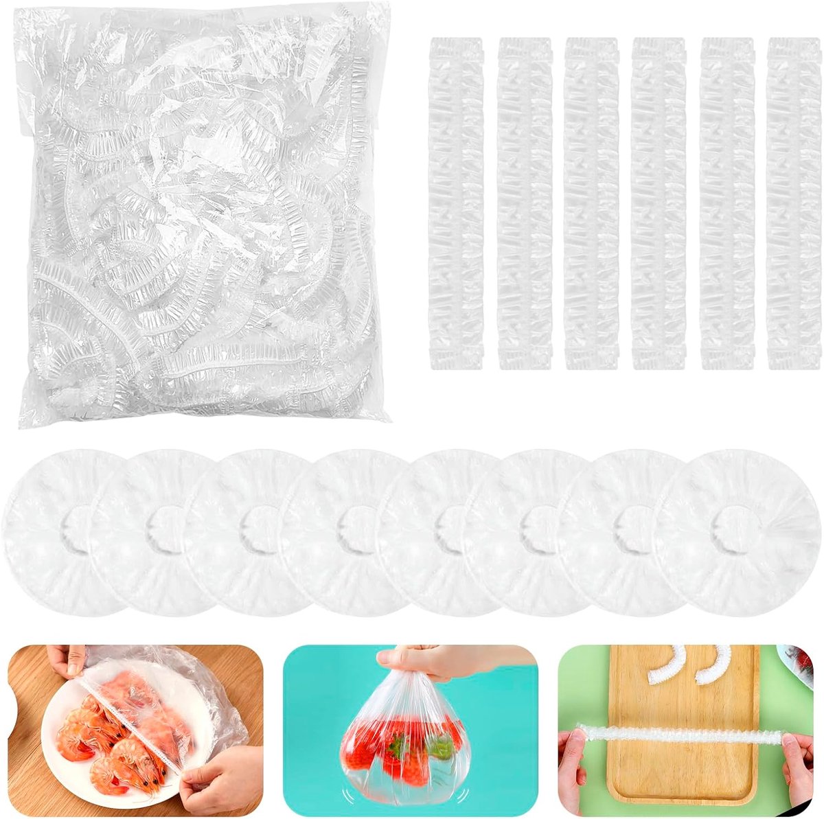 SnelShoppen - 350 stuks vershoudzakken met elastiek, rekbare voedselafdekking, herbruikbare transparante vershoudhoezen voor fruit, kommen, leftovers,