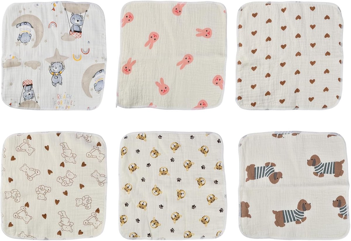 SnelShoppen - Set van 6 katoenen babywashandjes 25 x 25 cm, herbruikbaar, zacht en ademend, ideaal voor pasgeborenen