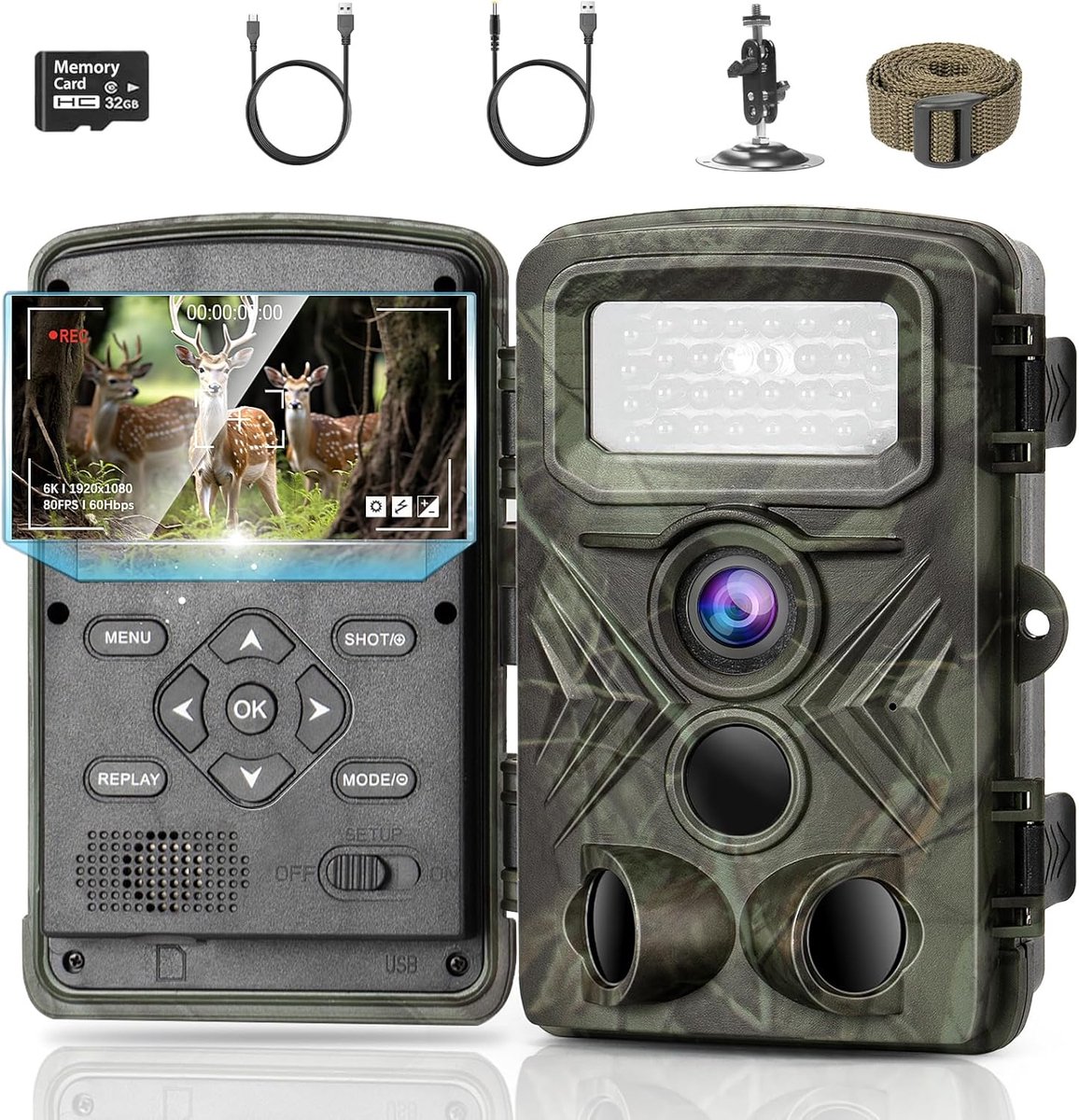SnelShoppen - Wildcamera 2,7 K 48 MP met Bewegingsmelder, Nachtzicht, IP66 Waterdicht, Inclusief 32 GB SD Kaart voor Buitengebruik, Jacht en Tuin