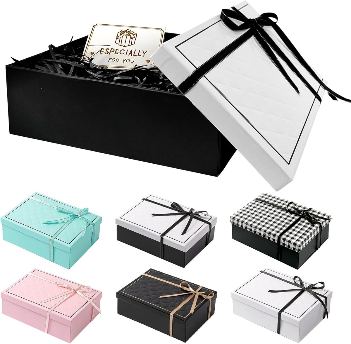SnelShoppen - Luxe Cadeau Doos met Deksel 25x18x8.5 cm, Zwarte Geschenkdoos met Strik voor Verjaardag, Bruiloft, Valentijn, Kerst, Vouwbaar en Praktis