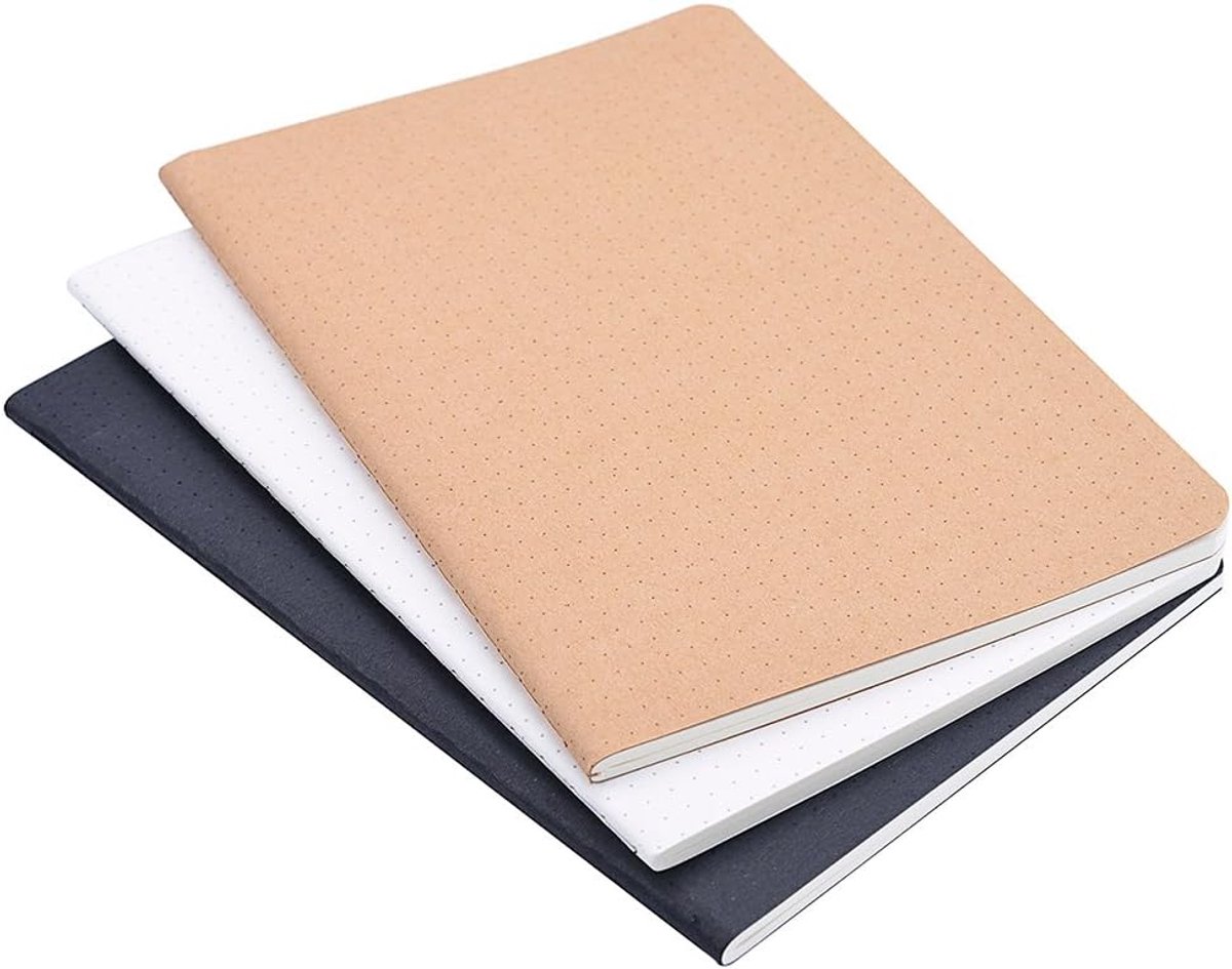 SnelShoppen - Notitieboek A5 Dotted Notebooks, Set van 3, 14 x 21 cm, 120 Vel, Zwart/Wit/Kraft Bruin, Ideaal voor Dagboek, Notities, Schrijven en Crea