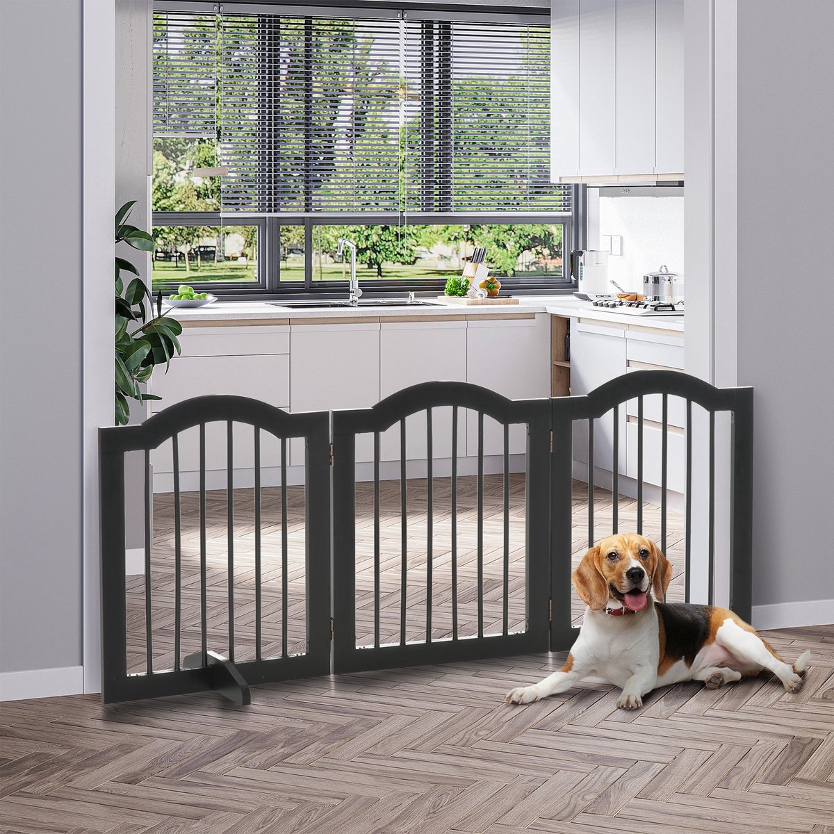 FloraGrace Hondenhek – 3 Delig Opvouwbaar – 154,5 x 61 cm – Hout en MDF – Zwart – Voor Deuropeningen, Hal en Trap – Met Steunvoeten