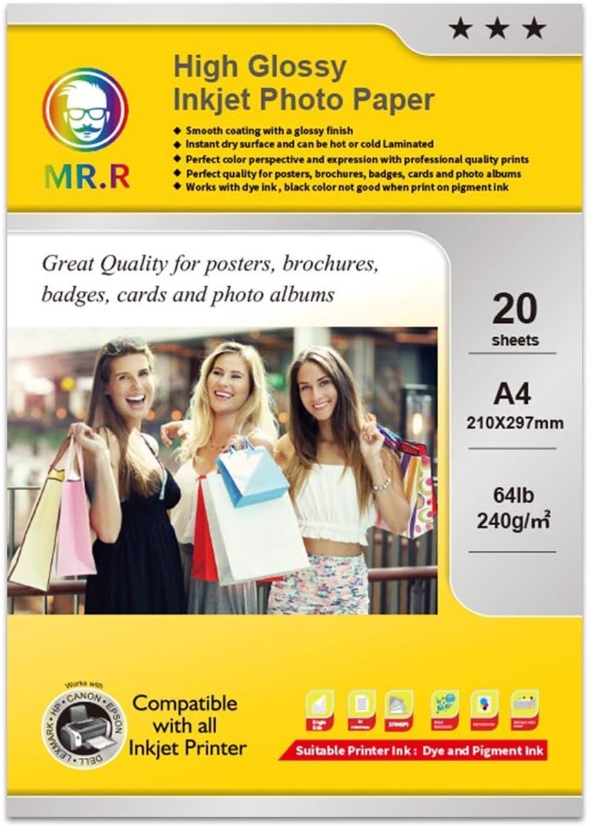 SnelShoppen - A4 Foto Papier 240gsm Glossy 20 Vel - Instant Droog, Waterdicht, Professionele Kwaliteit voor Posters, Brochures, Fotoalbums