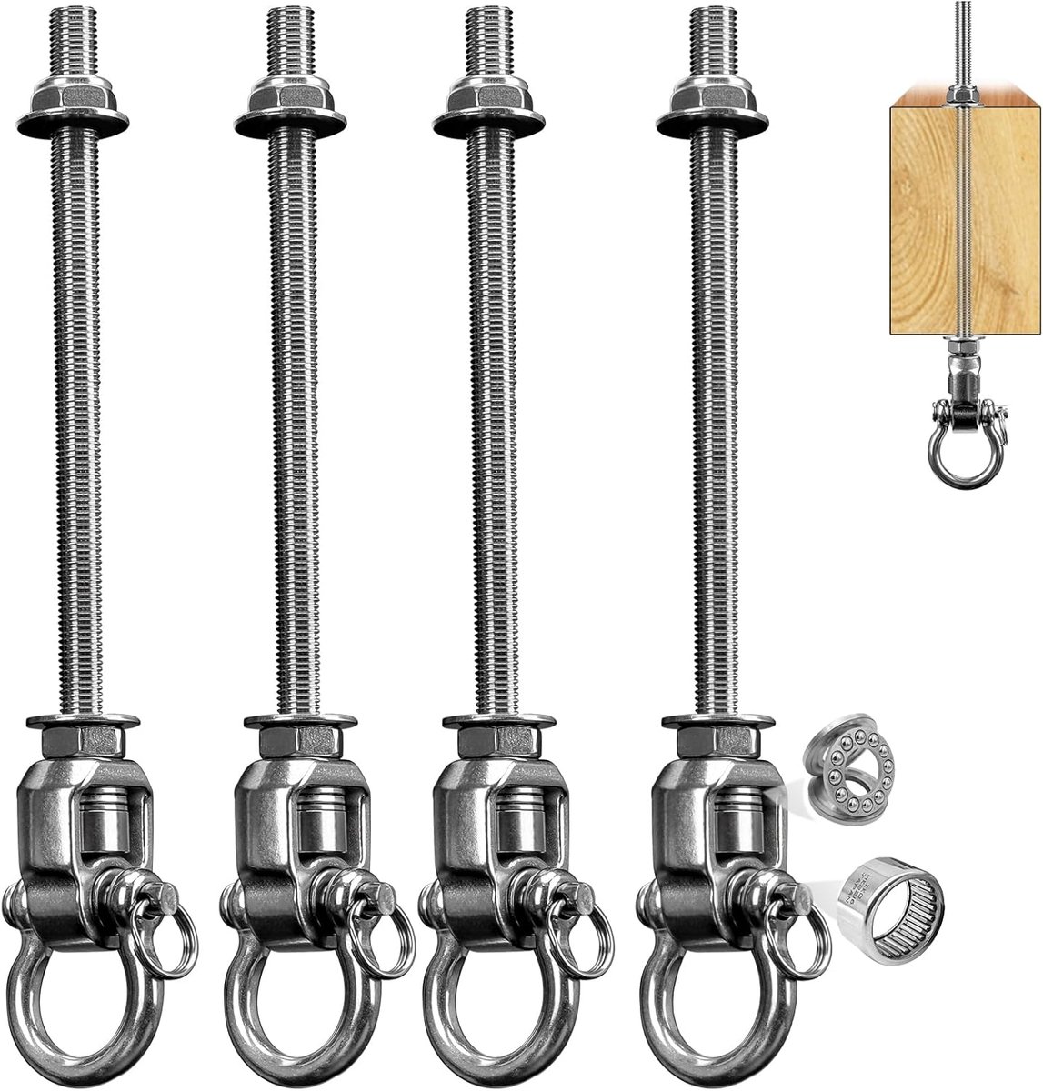 SnelShoppen - 4-delige Schommelhaken Set, Roestvrij Staal 304, M10, Zware Belasting tot 453 kg, 360 en 180 Graden Draaibaar voor Hangstoelen en Ophang