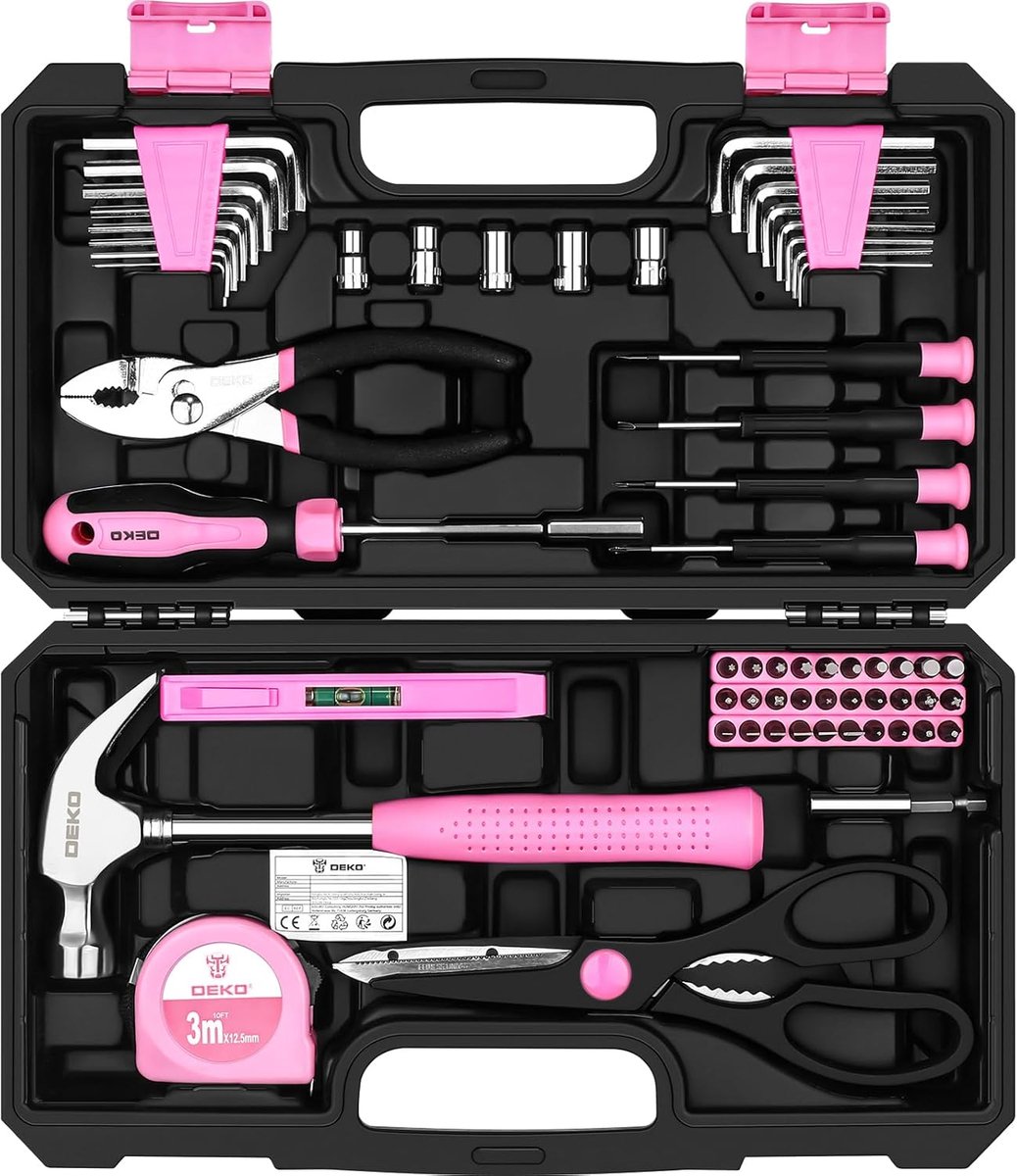 SnelShoppen - Decoratieve Gereedschapskist Compleet Roze 62-delige Huishoudelijke Gereedschapsset Voor DIY Klussen, Hoogwaardige Stalen Gereedschappen