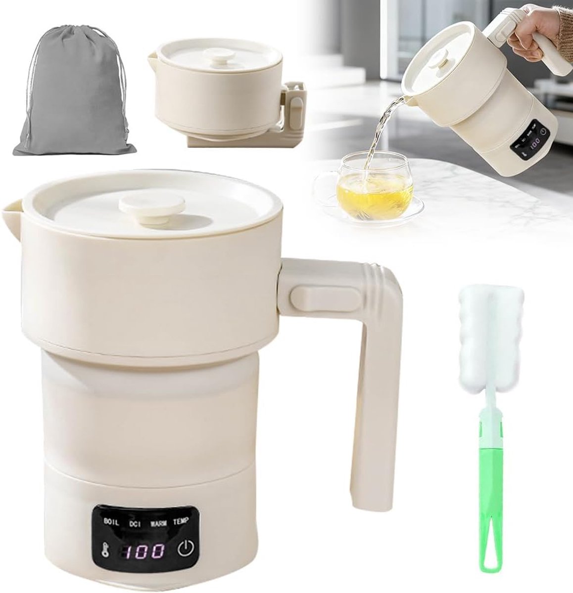 SnelShoppen - Vouwbare Elektrische Waterkoker Mini 0.6L Camping Kettle Wit Draagbare Reis Kettle met Warmhoudfunctie en Vertraagde Start EU Plug