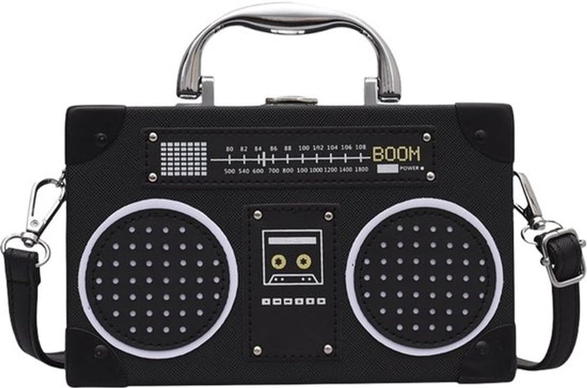 Retro schoudertas cassette handtas dames: 19 x 12 x 5 cm schuine schoudertas radio handtas tas cassettes schoudertas voor jaren 80 90 disco feestdecoratie - zwart, zwart, zwart
