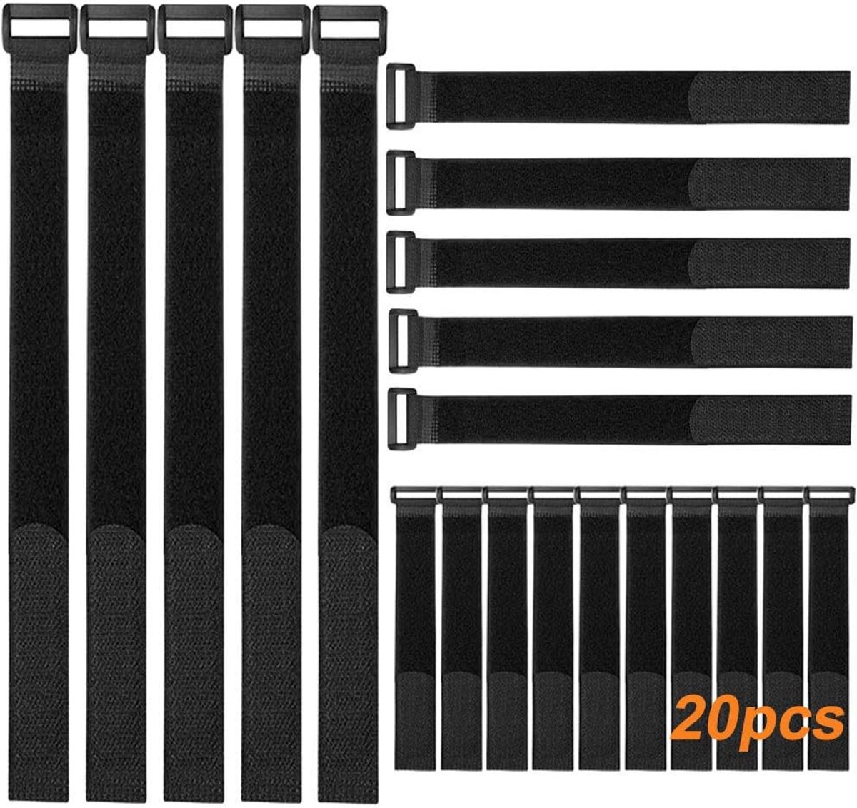 SnelShoppen - 20 Stuks Zwart Nylon Kabelbinders Set, Herbruikbare en Verstelbare Kabelriemen, Multifunctionele Klittenband Cinch Riemen voor Thuis, Ka