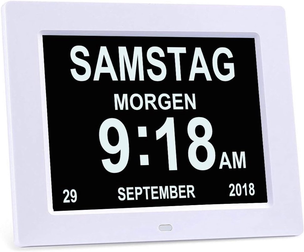SnelShoppen - 8 Inch Digitale Wekker - Kalenderdagklok voor Ouderen, Kinderen, Slechtzienden en Alzheimerpatiënten - Wit - Eenvoudig te Bedienen met D