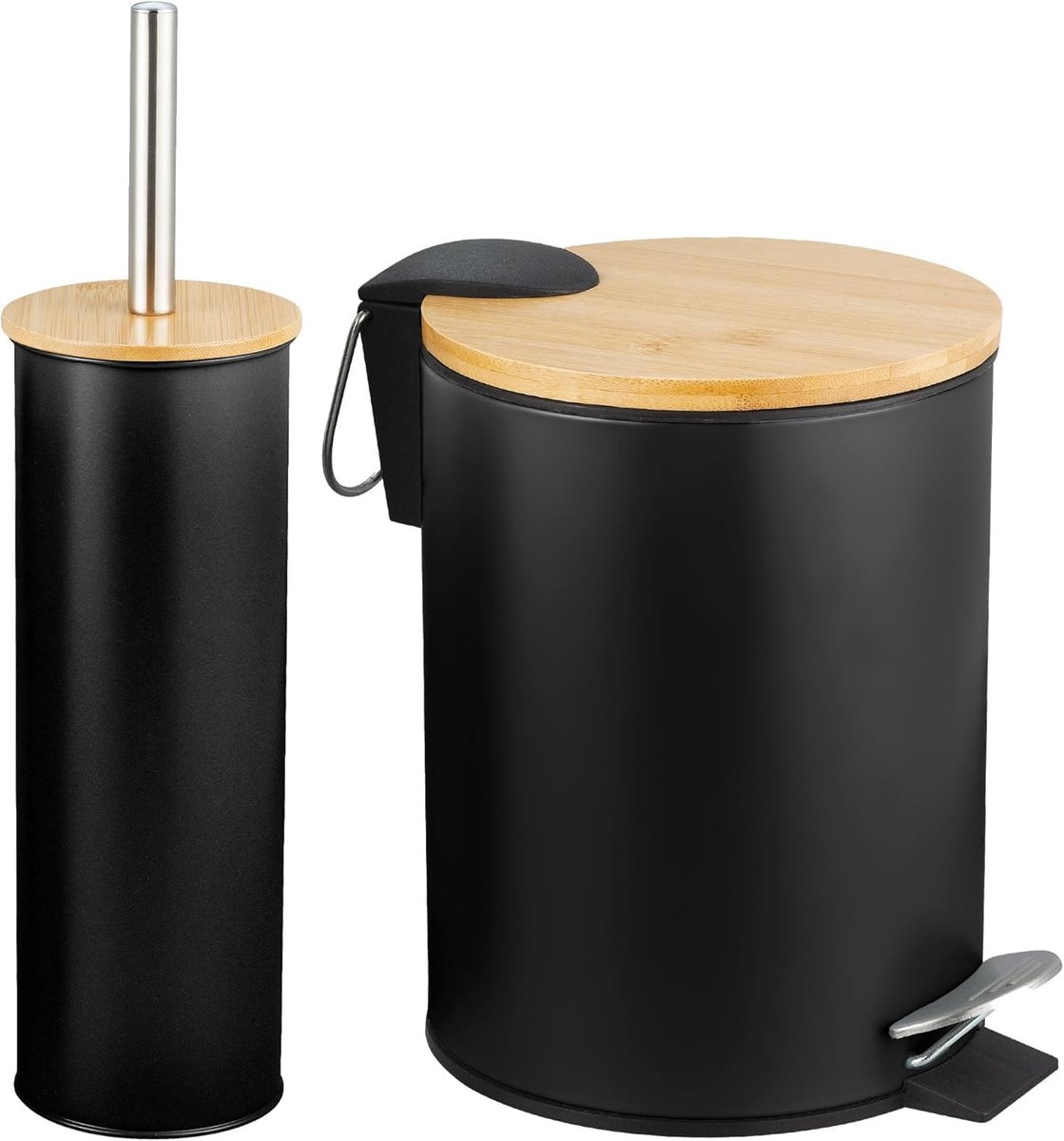 SnelShoppen - Set Afvalbak en Toiletborstel Naturline - Ø168 x 230 mm - Staal en Bamboe - Zwart - Modern Badkamerset voor Praktisch Gebruik