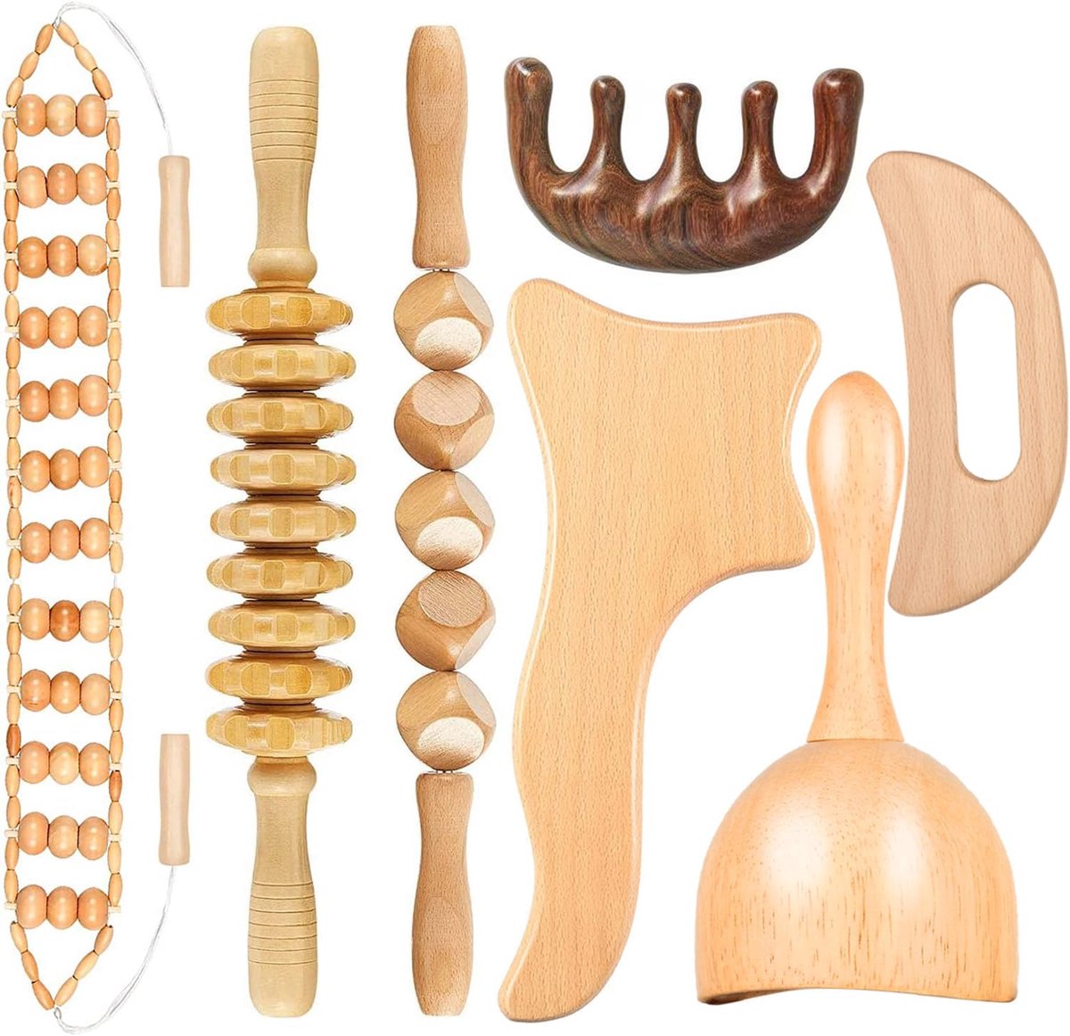 SnelShoppen - Massagegereedschap Houttherapie 7 Stuks Maderotherapie Kit voor Lichaamscontouren, Lymfedrainage en Pijnverlichting, 100% Natuurlijk Hou