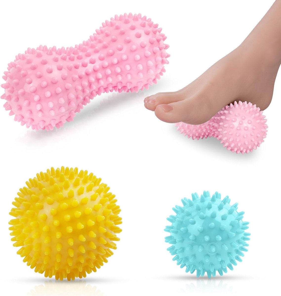 SnelShoppen - 3-delige Spiky Massage Ball Set - Lichaams- en Voetmassageroller - Spiermassage Harde Oefenballen voor Plantaire Fasciitis, Triggerpoint