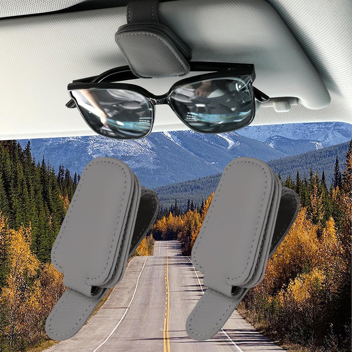 SnelShoppen - Auto Zonnebril Houder 2 Stuks Zonnebril Houder Magnetisch Lederen Zonnebril Clip Zonnevisor Organizer Auto Accessoires (Zwart + Donkergr