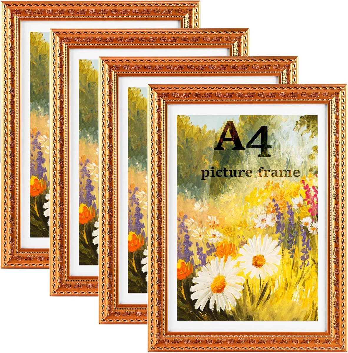 SnelShoppen - Fotolijst A4 Goudkleurig - Set van 4 - Wand- en Tafellijsten - Vintage Decoraties - 21 x 29,7 cm - Ideaal voor Foto's en Certificaten