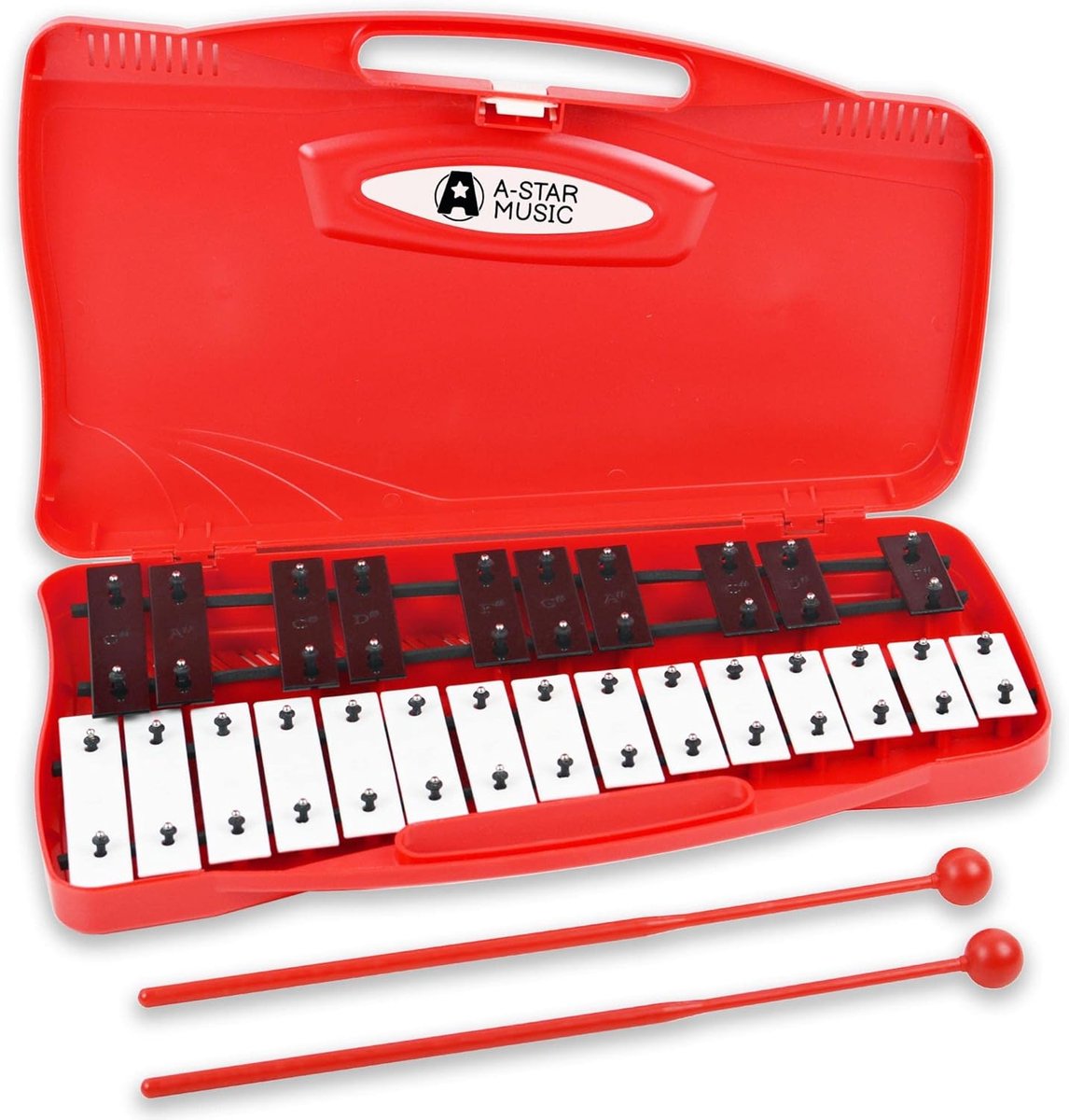 SnelShoppen - 25-note Soprano Chromatische Chimes Xylofoon in Rood met Zwarte/Witte Toetsen en Twee Plastic Slagstokken - 2 Octaven G5 tot G7 - Perfec