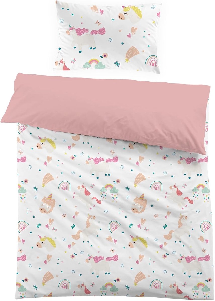 SnelShoppen - Unicorn Dekbedovertrek 120x150 cm voor Kinderen - Roze Bedlinnen 90x190 cm - Microvezel 3D Print met Kussensloop 40x60 cm - Perfect Cade