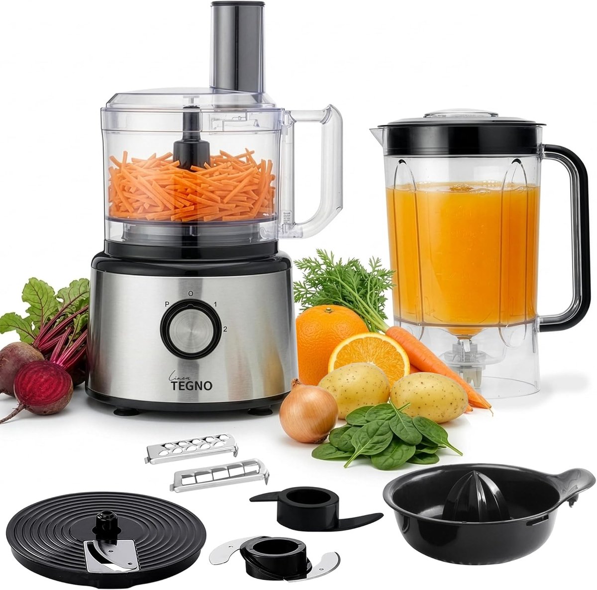 SnelShoppen - Multifunctionele Food Processor 5-in-1 - RVS Chopper, Blender en Citrus Juicer - 2.3L Keukenmachine + 2.7L Blender voor Thuisgebruik, Ko