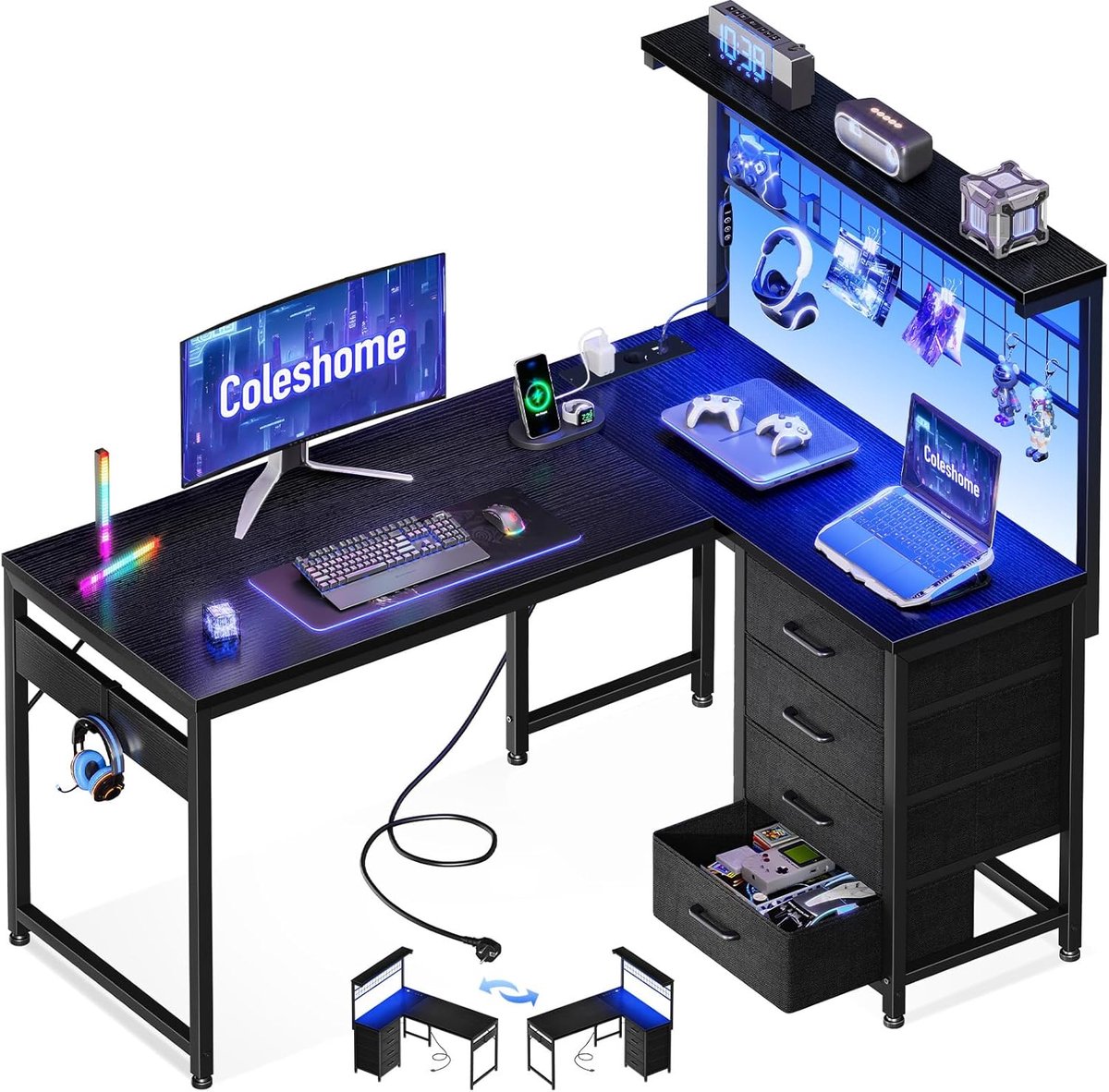 SnelShoppen - Gaming Bureau met LED Verlichting, L-vormige Tafel met 4 Laden en Stopcontacten, Omkeerbaar Hoekbureau met Planken en Opslagruimte voor