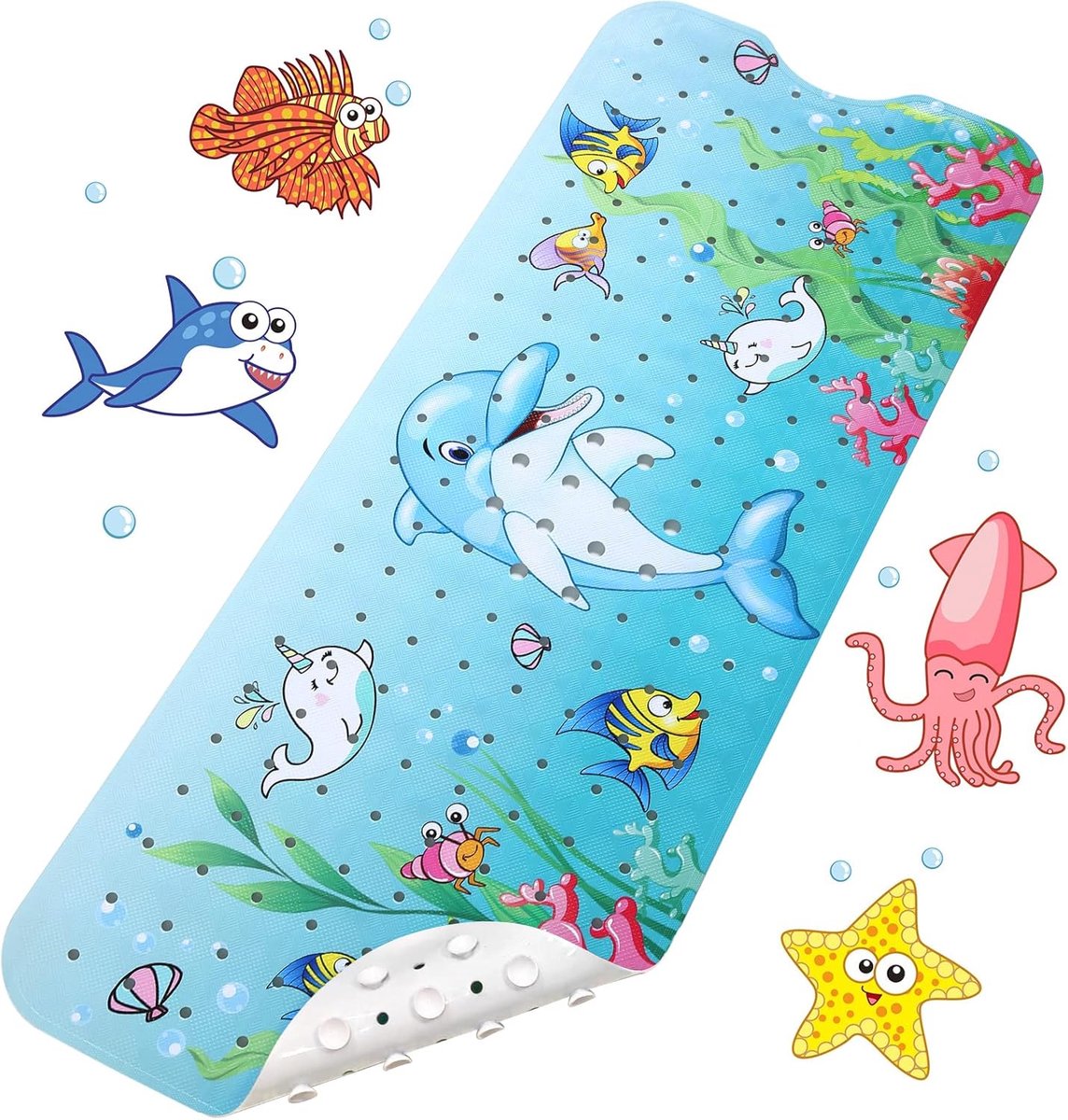 SnelShoppen - Kids Cartoon Badmat 100x40cm, Antislip Badmat met Zuignappen, Veilig en Schattig Voor Kinderen (Dolfijn)