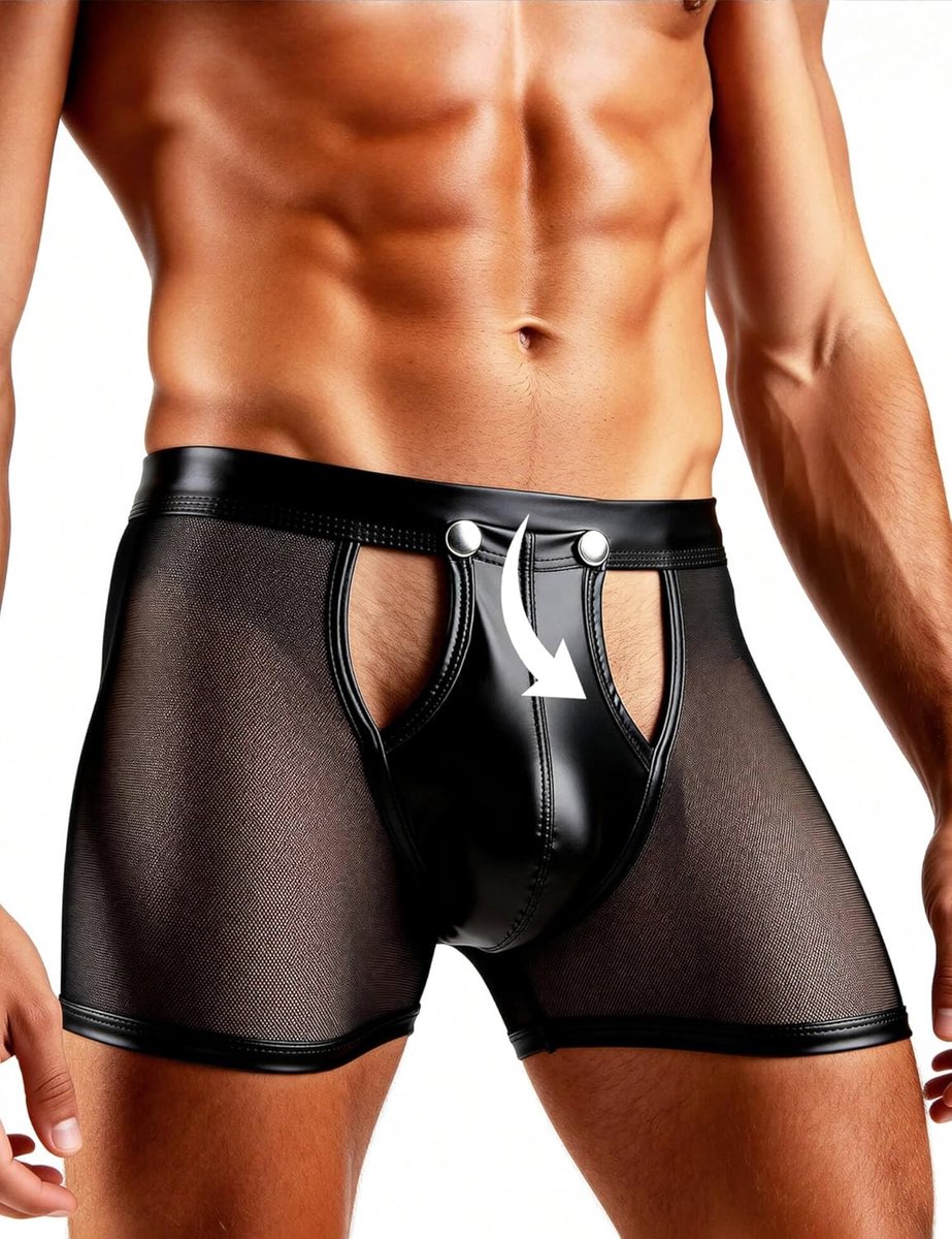 SnelShoppen - Sexy Boxershorts Heren in Kunstleer, Wetlook en Mesh, Transparant Ondergoed met Open Kruid, Grote Maten, Erotische Lingerie voor Feestel