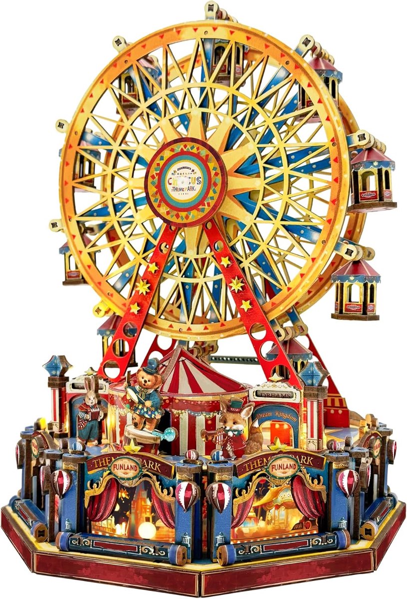 SnelShoppen - DIY 3D houten puzzel reuzenrad met verlichting en muziek, mechanisch bouwmodel circus, knutselset kerstdecoratie voor volwassenen en tie