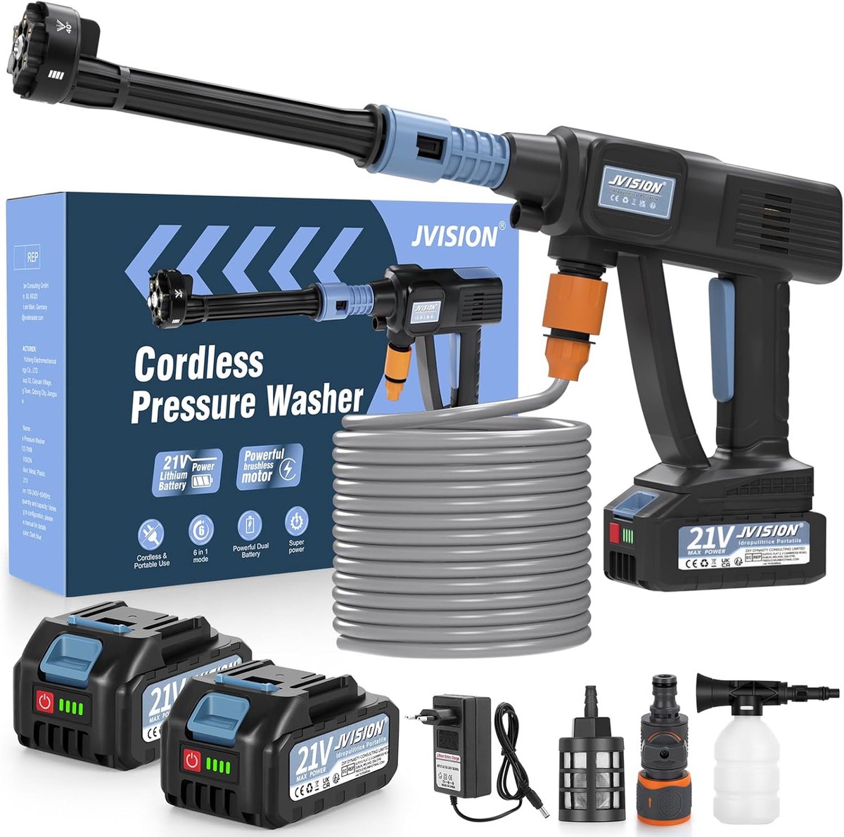 SnelShoppen - Draadloze hogedrukreiniger met kraanaansluiting, 2 x 4000 mAh accu, 6-in-1 mondstuk voor auto, terras, huisreiniging, efficiënt, krachti