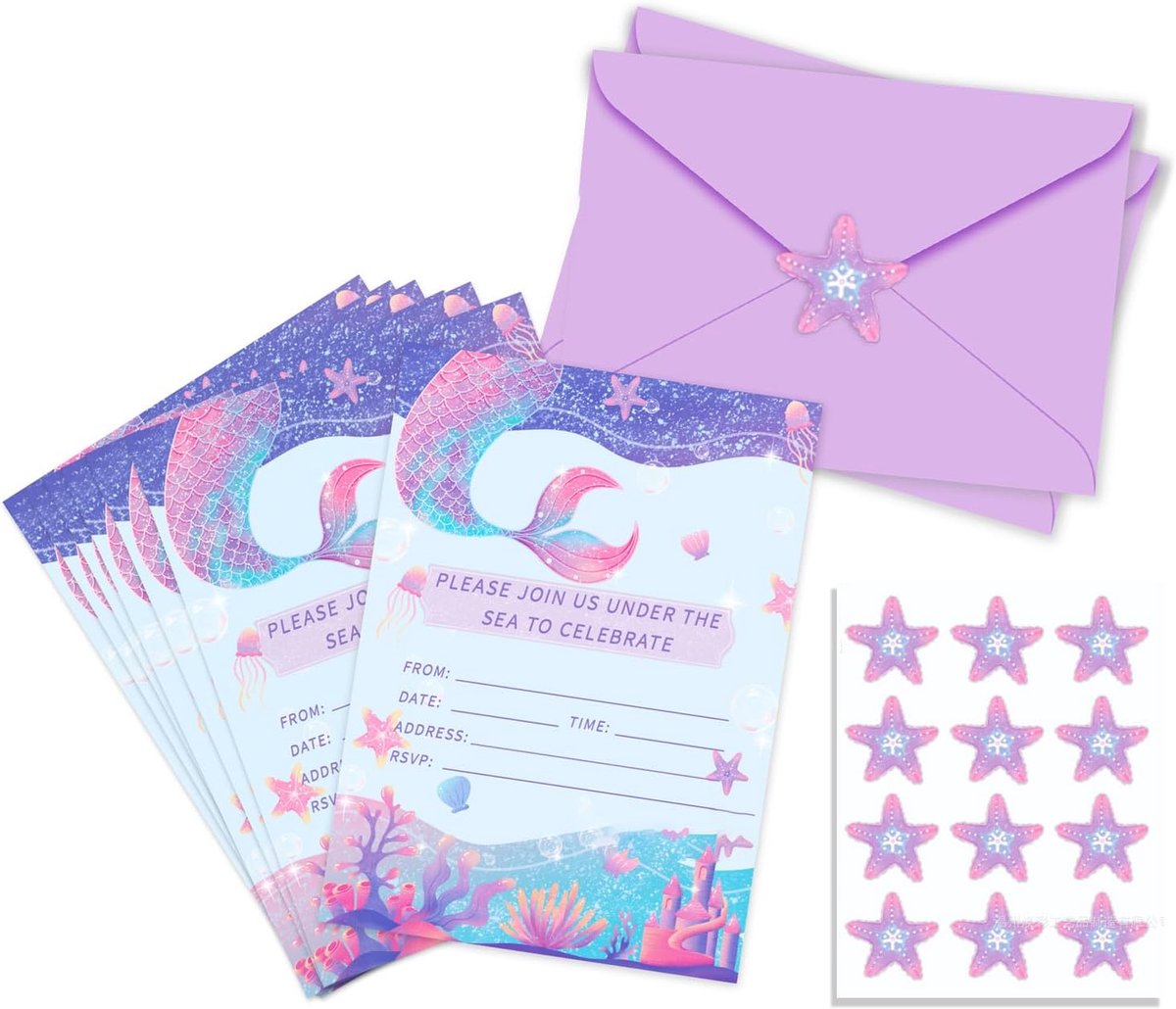 SnelShoppen - 12 stuks Zeemeermin Uitnodigingskaarten Kinderverjaardag Glitterkleurige Verjaardagsuitnodiging met Paarse Enveloppen voor Meisjes Feest
