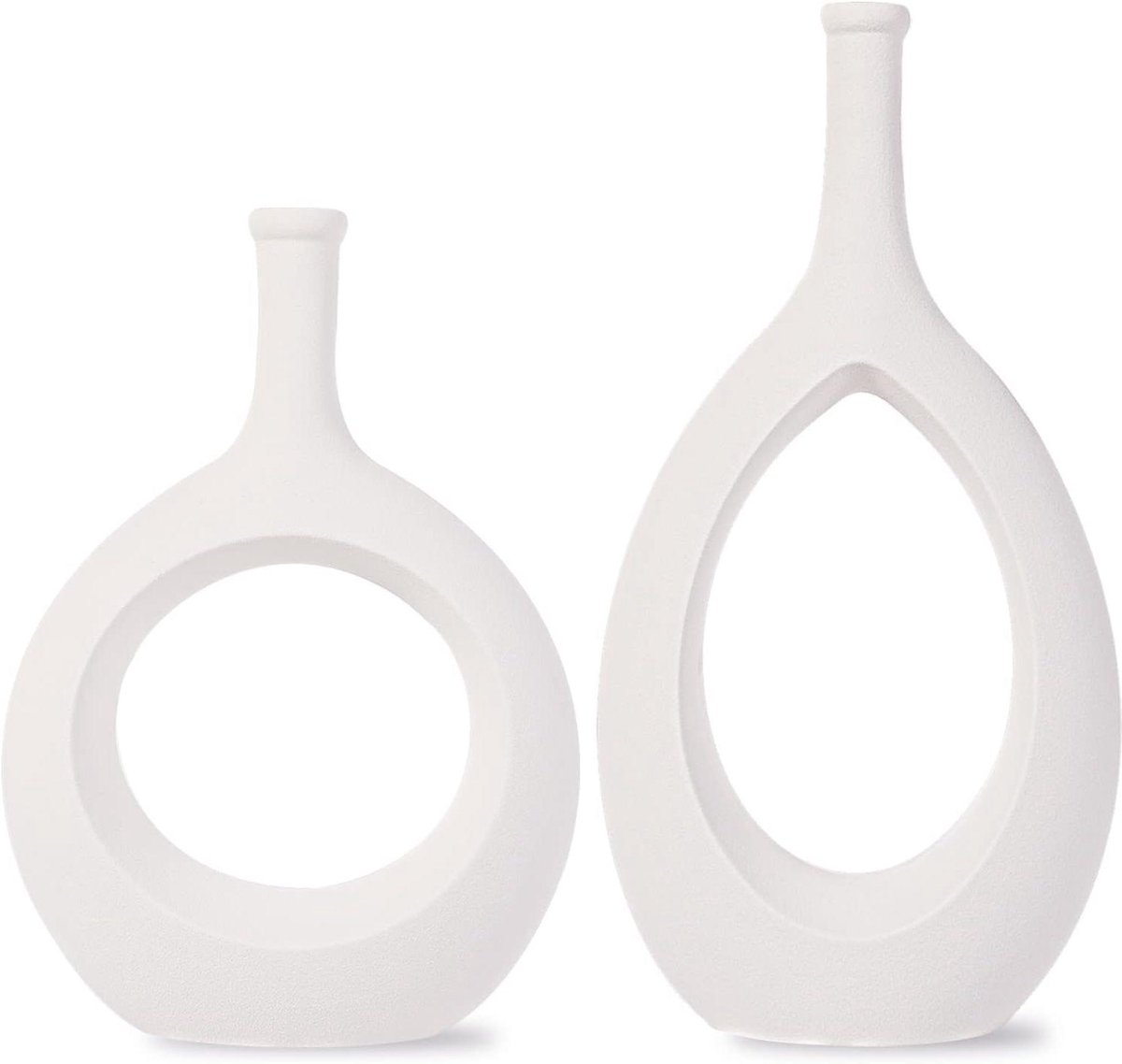 Keramische Bloemenvazen - Ovale Vazen Set - Huisdecoratie - Uniek Hol Ontwerp - 2 Stuks - Wit
