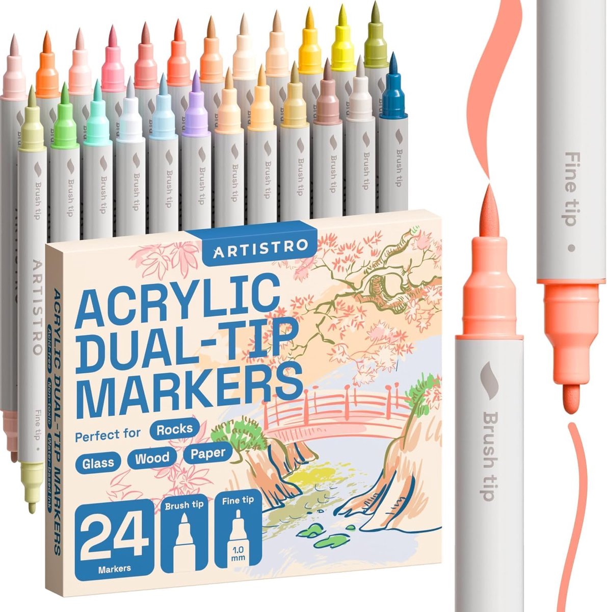 SnelShoppen - 24 Acrylverfpennen Kunstset met Dubbele Punt (Penseel + Fijn 1 mm) - Acrylmarkers voor Canvas, Hout, Steen, Glas, Stof, Papier - Creatie