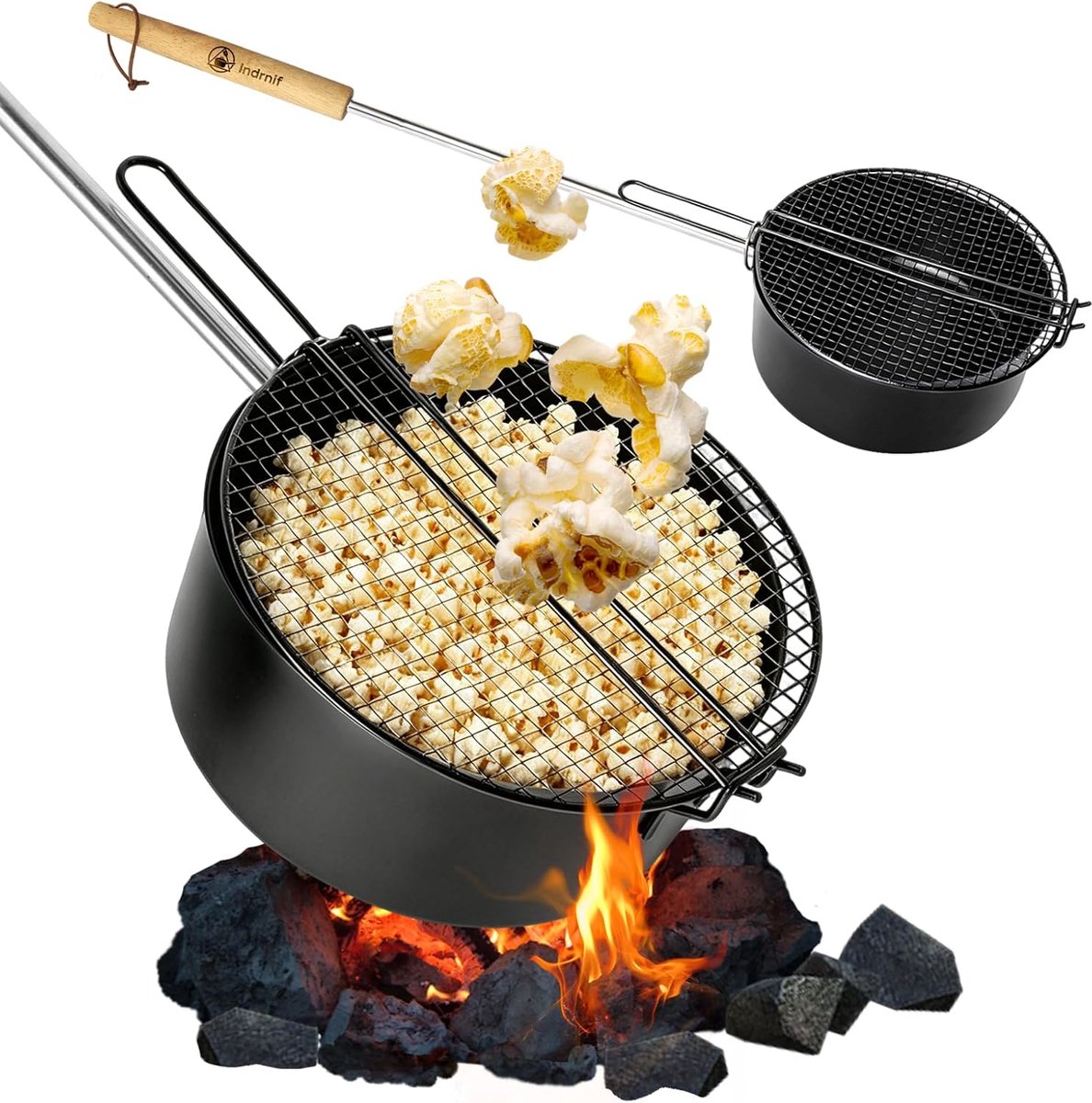 SnelShoppen - Popcornpan voor Kampvuur en Barbecue, Outdoor Popcornmaker met Lange Handgreep en Netdeksel voor Camping, Tuin, Grill en Vuurschaal