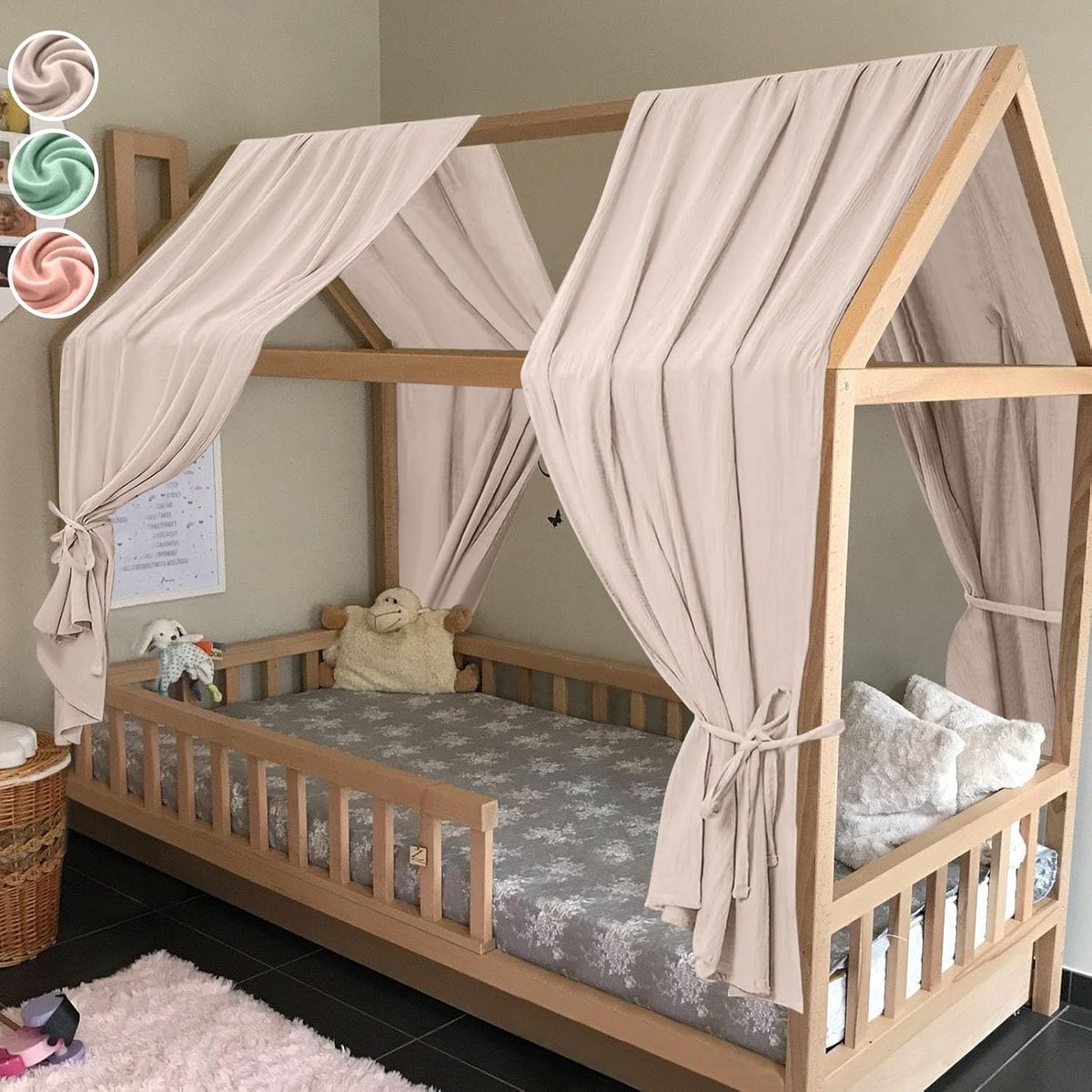 SnelShoppen - Bed Canopy Set voor Kinderen, 2-delige 130x320cm Organisch Katoen, Beige Grijs, Decoratieve Bedgordijn voor Cot, Meisjes en Jongens, Sla