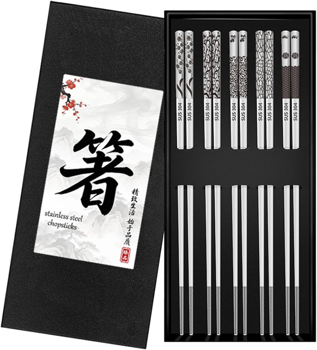 SnelShoppen - 5 Paar Eetstokjes van 304 Roestvrij Staal, Antislip Sushi Eetstokjes, Vaatwasmachinebestendig, Duurzaam en Hygiënisch voor Thuis, Restau