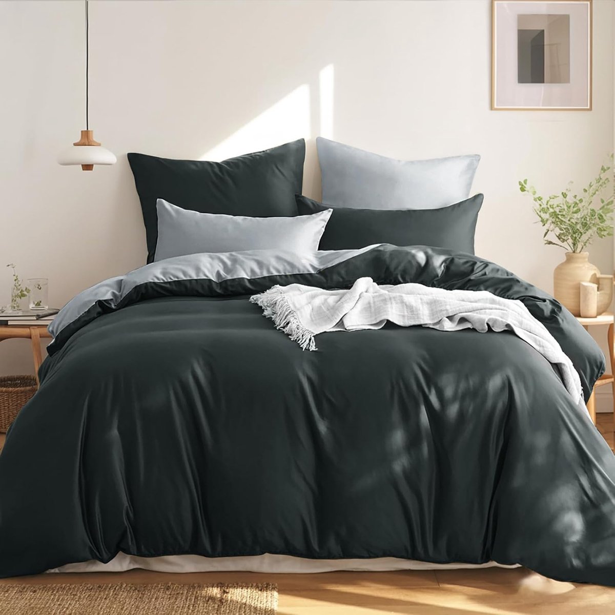 SnelShoppen - Luxe Bedlinnen Set 200 x 220 cm - 3-Piece Katoenen Dekbedovertrek Anthraciet en Lichtgrijs - Ademend, Reversible, Inclusief 2 Kussenslop