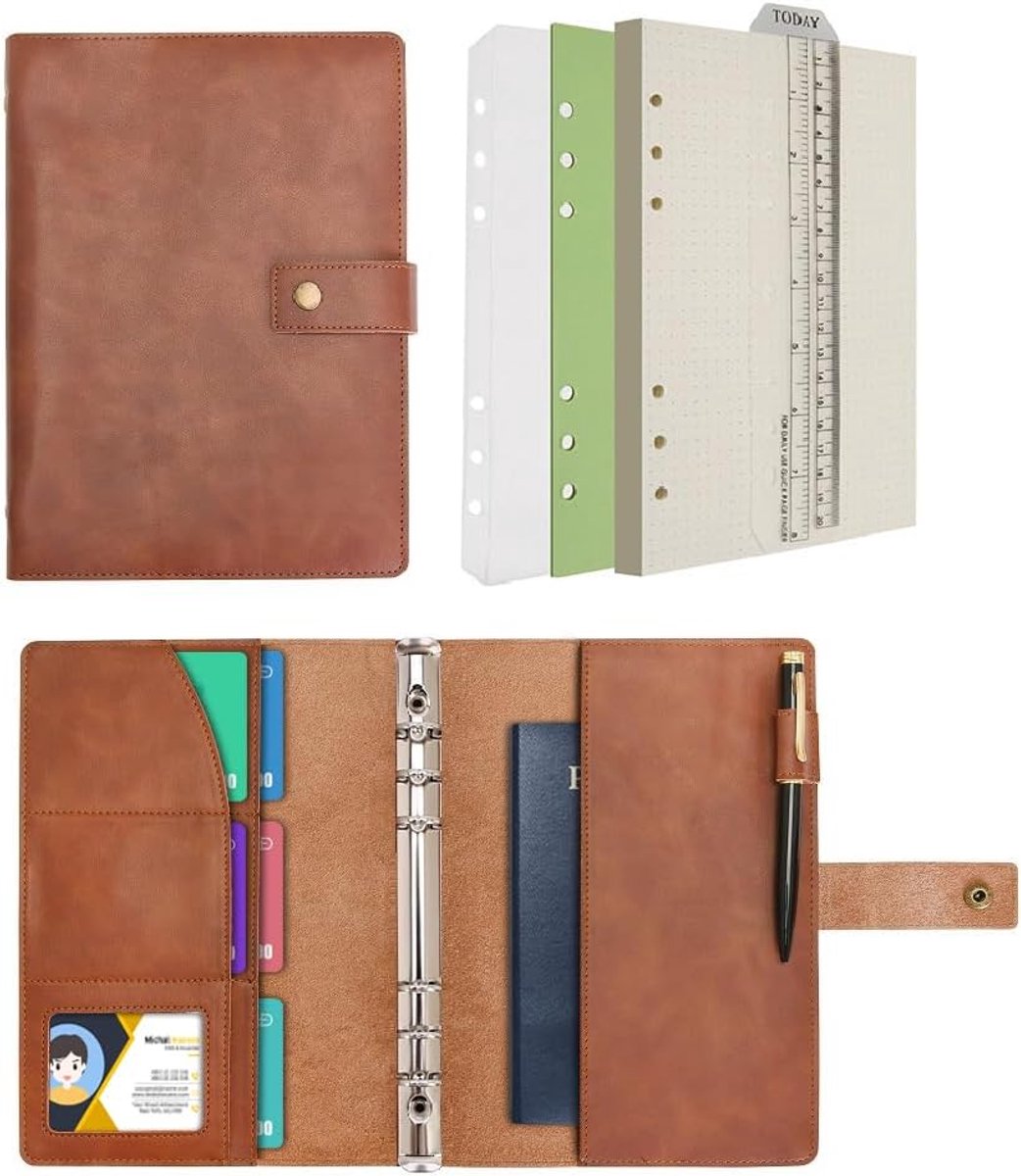SnelShoppen - Refillable Leather Journal A5 - Spiral Notebook met Dotted Grid Paper, Binnenvakken, Bruin, Perfect voor Werk, Reis en Persoonlijke Orga