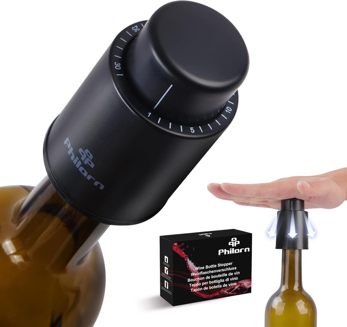 SnelShoppen - Vacuum Wijnstopper Set van 2, Herbruikbare Flessenslot met Tijdsaanduiding, Lekvrije Wijnbottelklem voor Wijnliefhebbers, Zwart, Ideaal