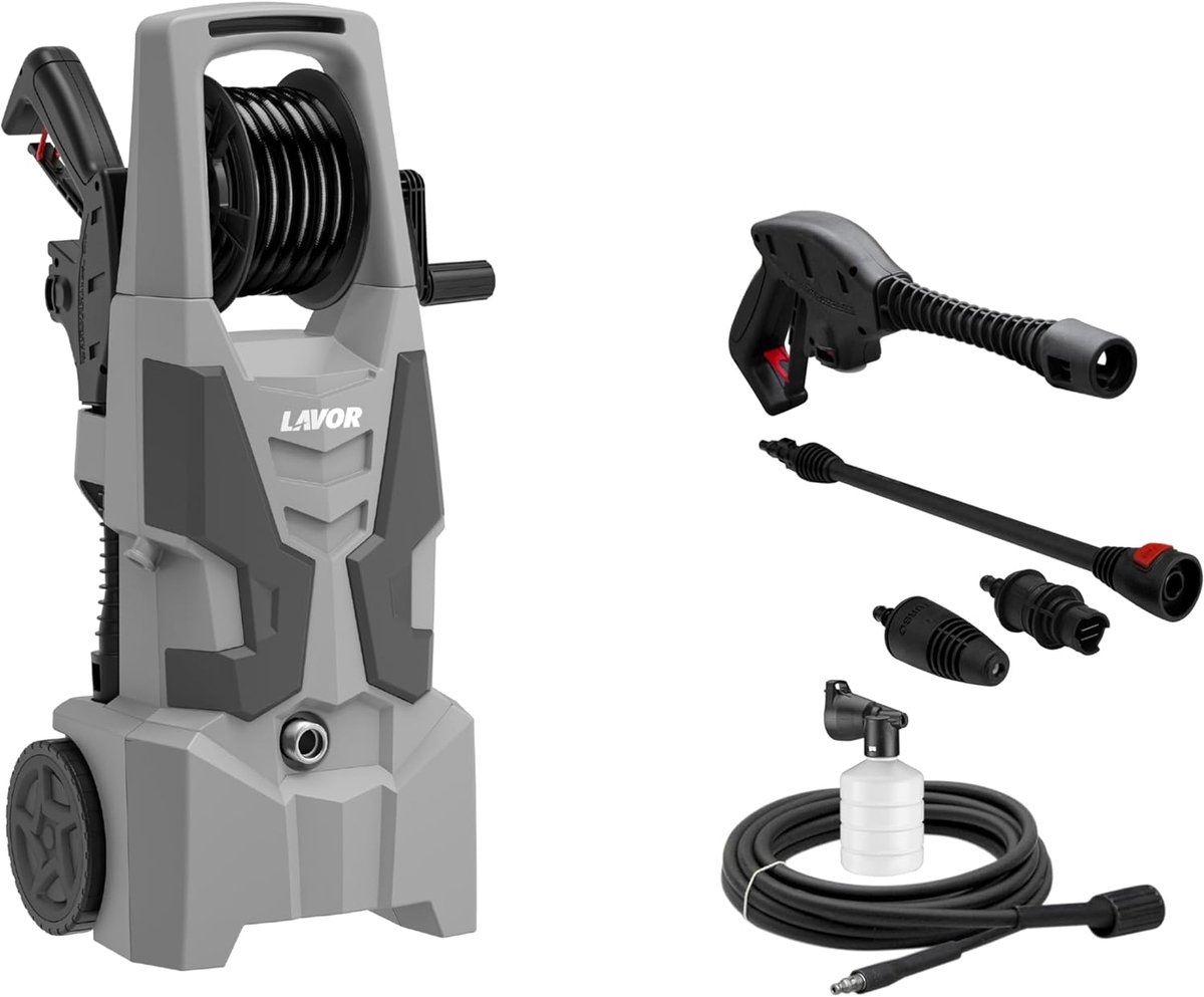 SnelShoppen - Hoge Drukreiniger 145 Bar, 1900W, 420 l/h, Met Winder, Lichtgewicht, Ergonomisch, Voor Tuin, Auto, Terras, Grijs