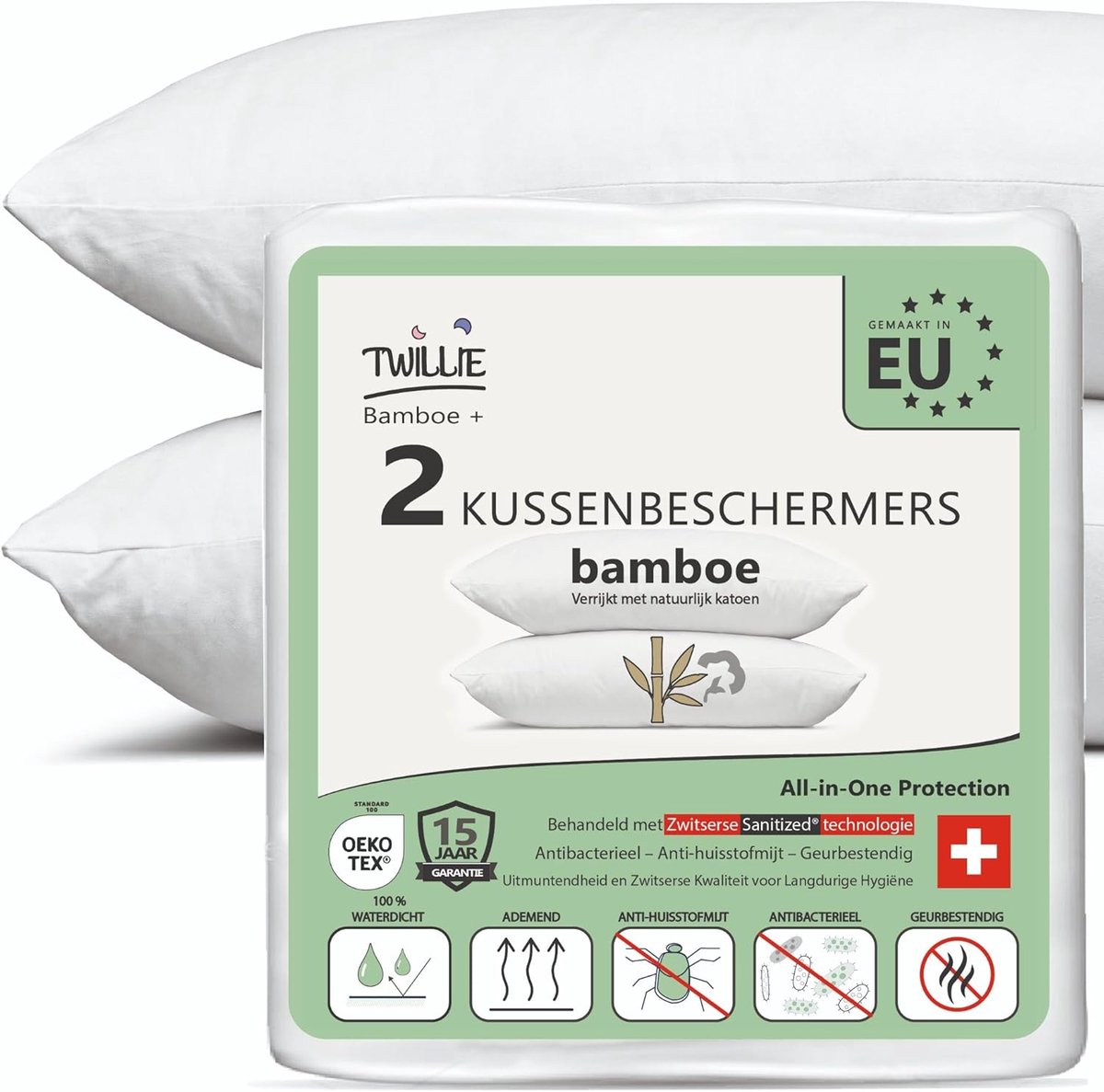 SnelShoppen - Twillie Kussenbeschermers 50 x 70 (Set van 2) Waterproof, Antibacterieel, Zipper, Anti-Acne - Bamboo en Natuurlijke Katoen - Premium Kwa