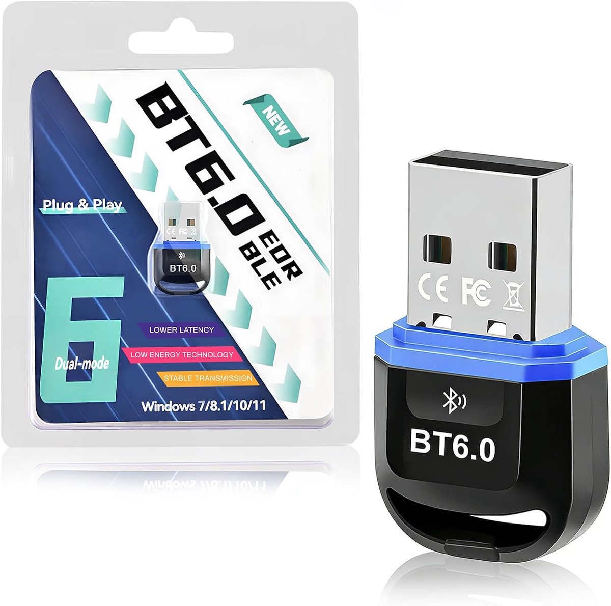 SnelShoppen - Bluetooth Adapter USB 6.0 - Low Latency Plug Play Dongle - Compatibel met Windows 11/10/8.1/7 - Surround Sound - Verbind tot 7 Apparaten