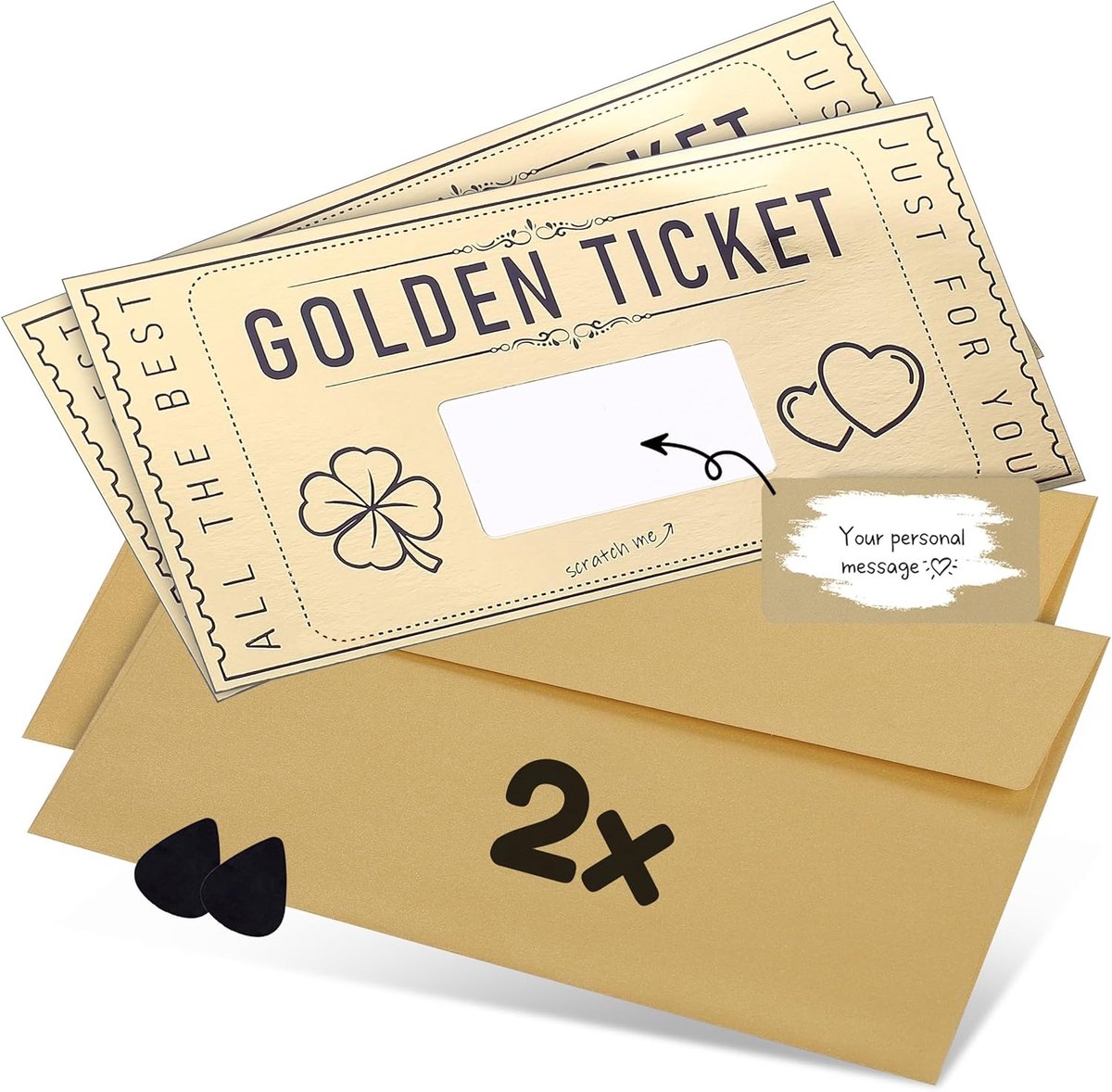 SnelShoppen - 2 x Gold Ticket Gift Card met Kraskaarten, Persoonlijke DIY Cadeau in Sprankelende Envelop + Krastool voor Ervaringen en Feestjes