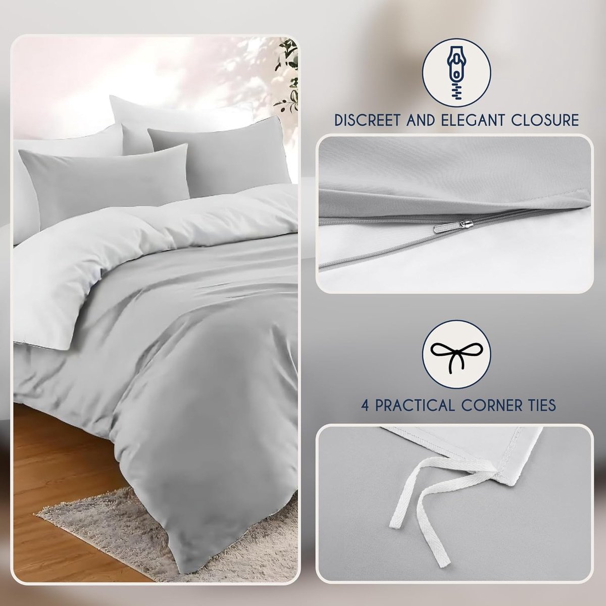 SnelShoppen - Dekbedovertrek 240x220 cm met 2 Kussenslopen 50x70 cm - Lichtgrijs/Wit - 3-delige Bedset in 100% Microvezel - Oeko TEX Gecertificeerd -
