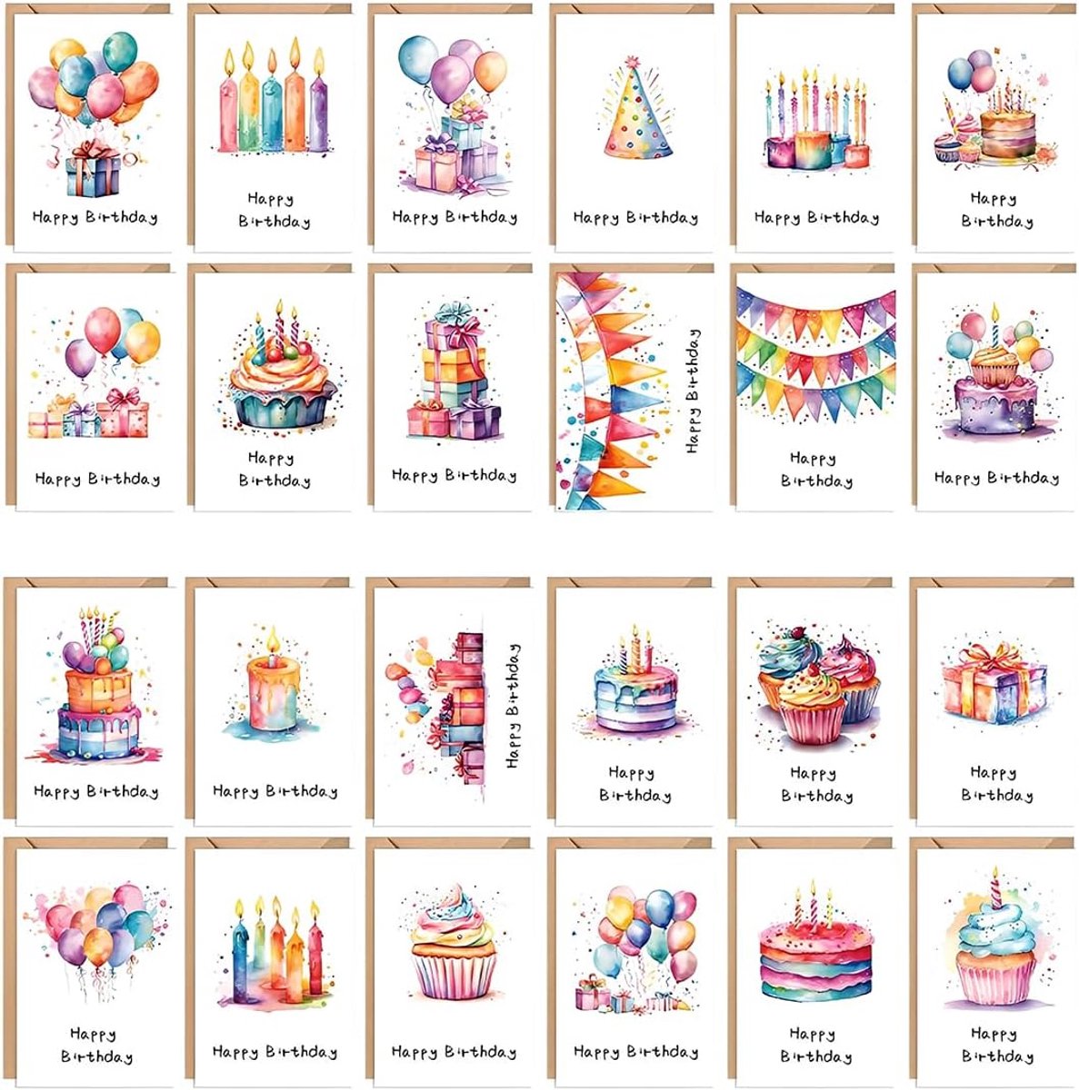 Verjaardagskaarten set van 24 - Verjaardagskaarten met envelop - Grappige verjaardagskaarten - Aquarelpatronen - Ansichtkaarten voor verjaardag - Hoogwaardig papier - Wenskaarten