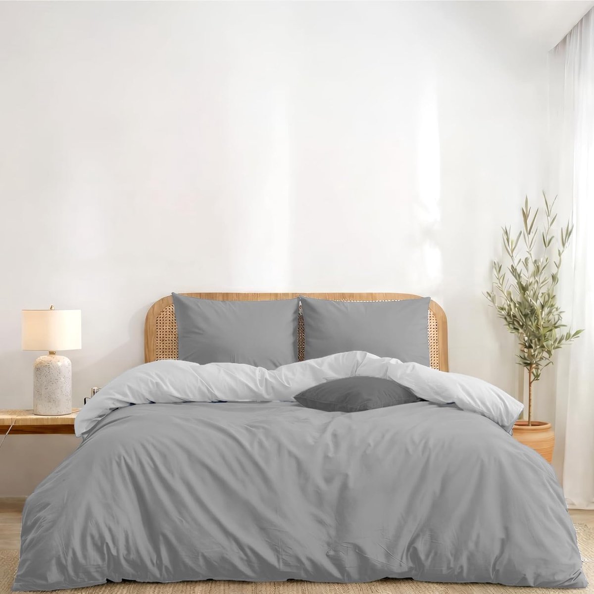 SnelShoppen - Twinzen Dekbedovertrek 220x240 cm met 2 Kussenslopen 50x70 cm, Reversibel, Lichtgrijs/Wit - Microfibre Volwassen Beddengoed Set - Oeko-T