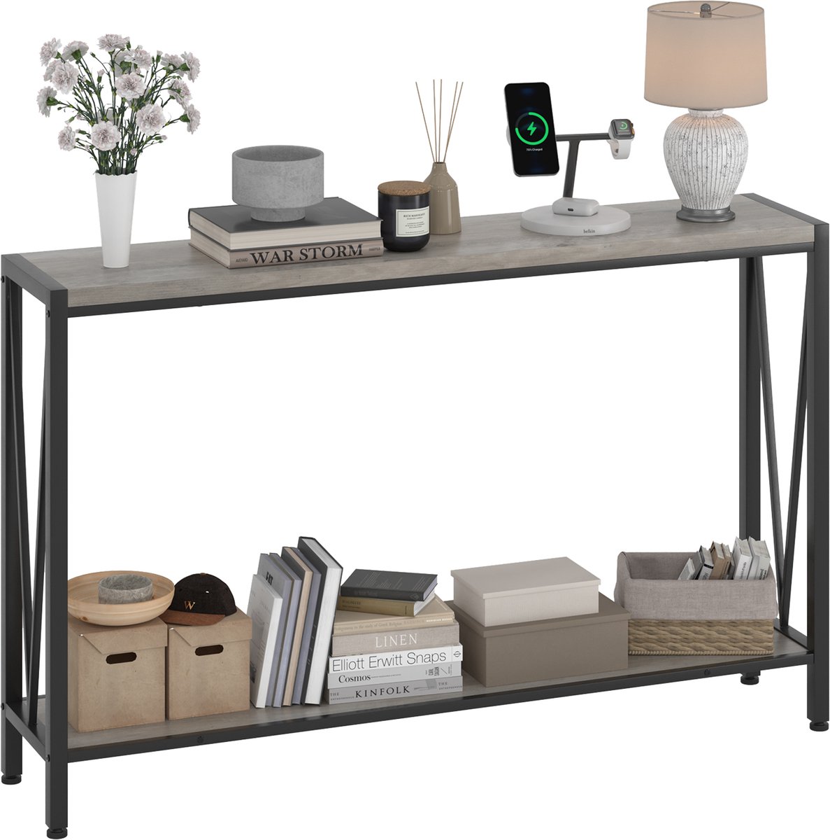 Industriële Sidetable met 2 Niveaus - Smalle Consoletafel & Haltafel - Grijs & Zwart Metaal - Wandtafel voor Woonkamer, Entree of Achter de Bank - 109 x 25 x 76 cm