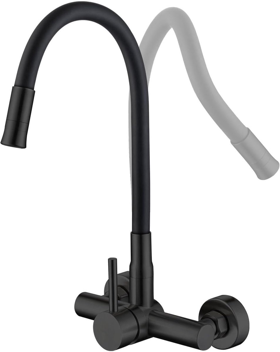 SnelShoppen - Keuken Wandkraan 304 RVS Zwart - Multifunctionele Muurkraan met 2 Waterstralen - Flexibele Spout 360° Rotatie voor Keuken - Ideaal voor