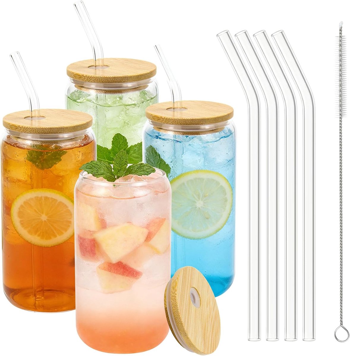SnelShoppen - Set van 4 Glazen met Deksel en Rietje, 500ml Matcha en Iced Coffee Glazen, Perfect voor Latte Macchiato, Cocktails, Smoothies, Bier en B